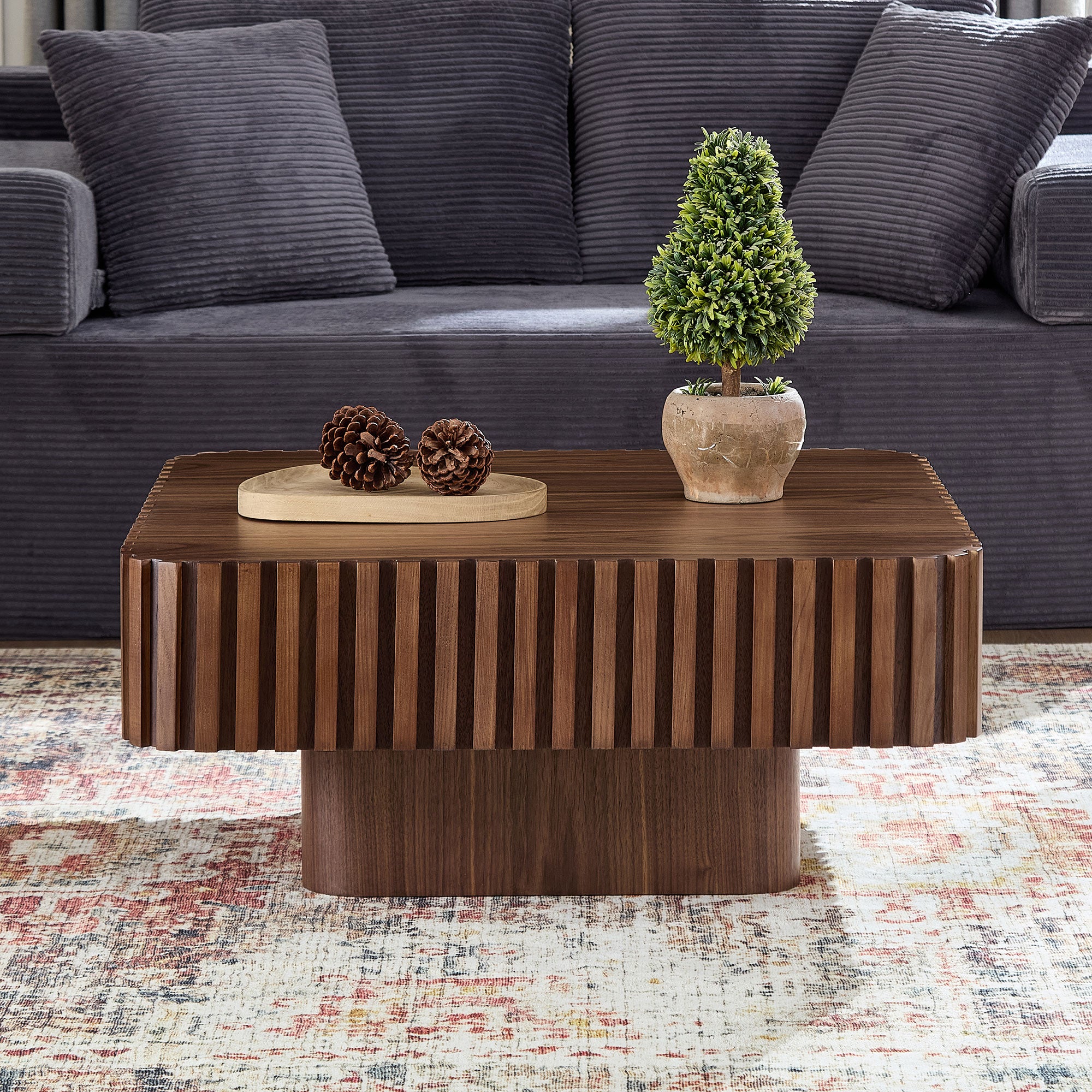 Modern Handcraft Drum Coffee Table | 35.43" Square Coffee Table – Wood Veneer, Pedestal Base, Solid Wood Relief Edge for Living Room