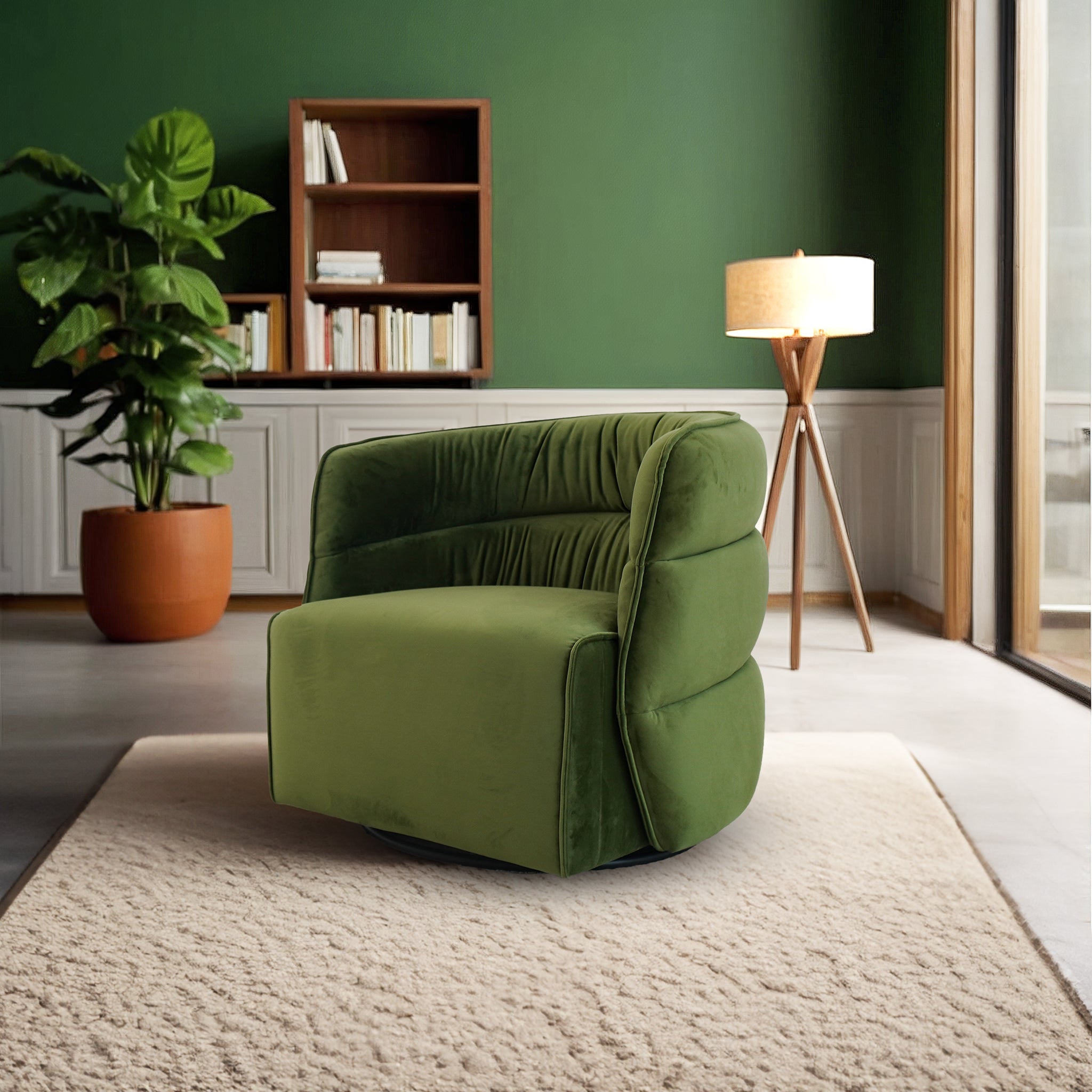 Walden Swivel Chair | Mid-Century Modern Velvet Accent Chair – Cream/Green/Burnt Orange, 360° Swivel, Fully Assembled