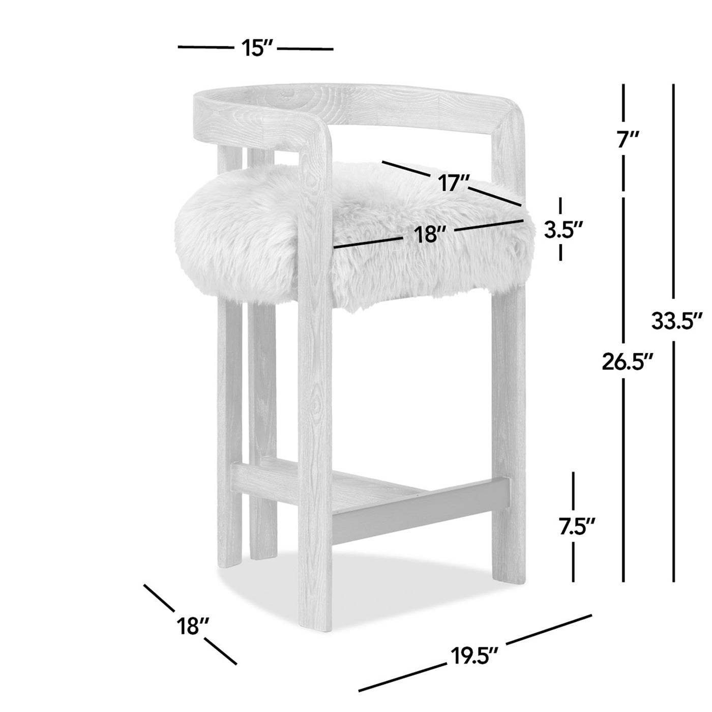 Low Back Genuine Fur Counter Stool | Solid Ash Wood Frame, New Zealand Sheepskin – 26.5" Seat Height, Rustic Blonde Finish