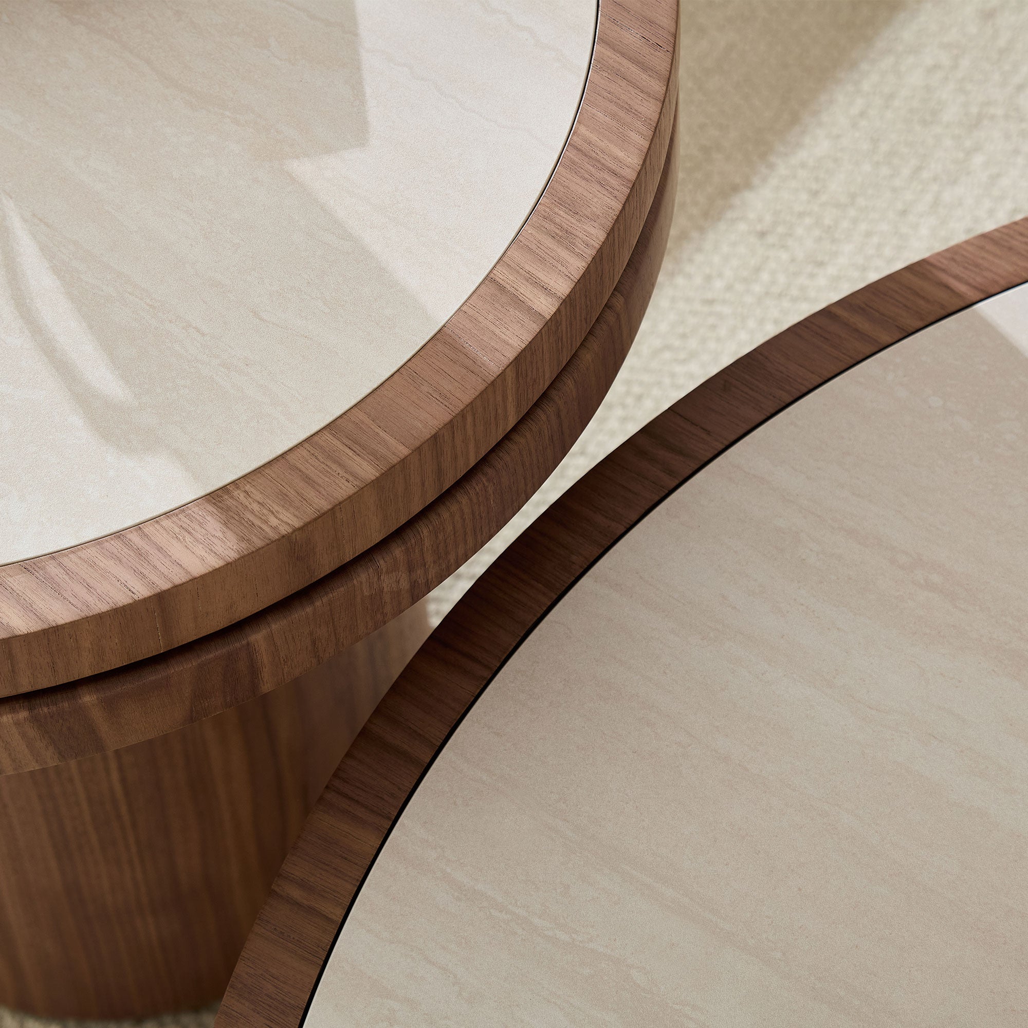 Sintered Stone Round Coffee Table Set of 2 | MDF Base – Natural/Walnut Finish – Modern Living Room Nesting Tables