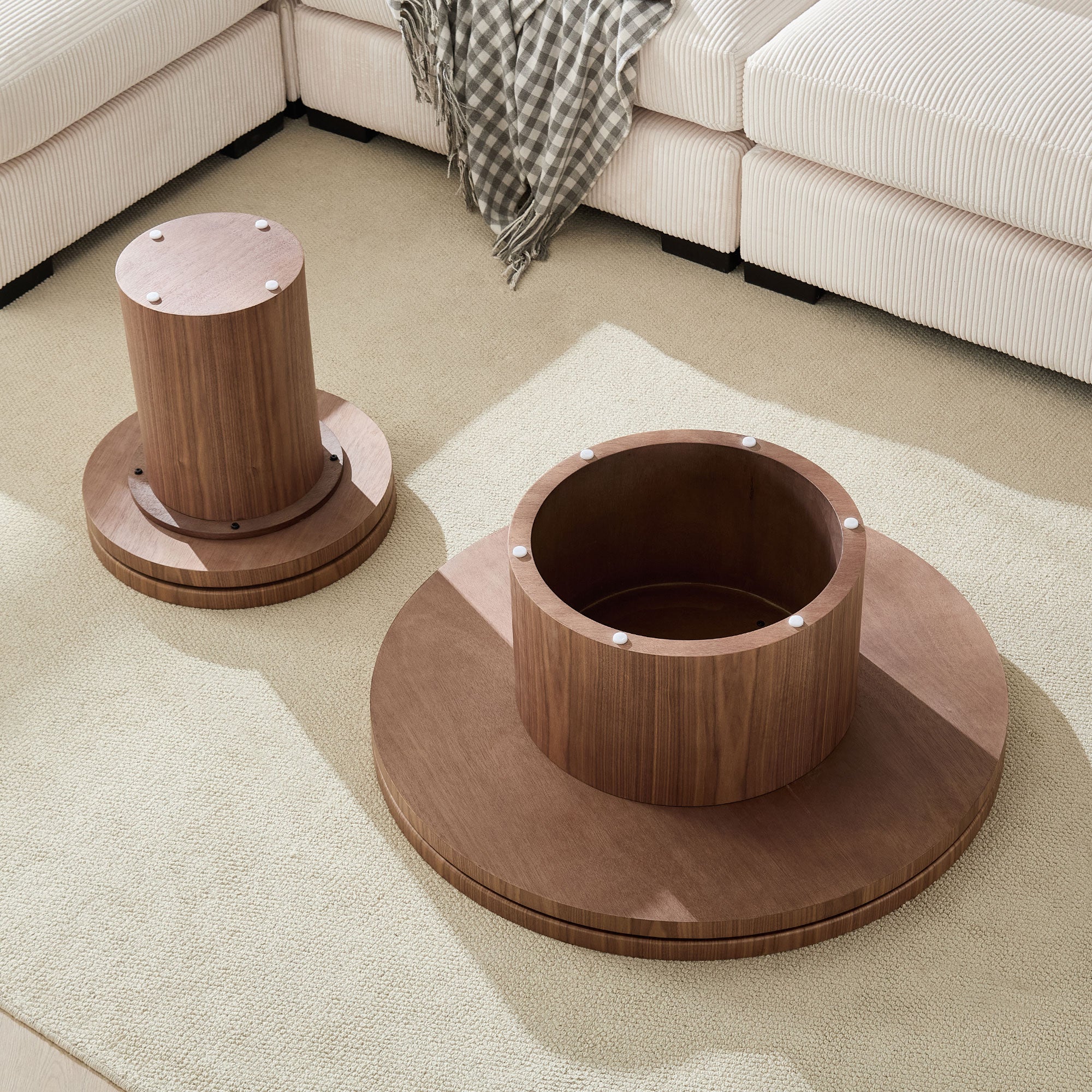 Sintered Stone Round Coffee Table Set of 2 | MDF Base – Natural/Walnut Finish – Modern Living Room Nesting Tables