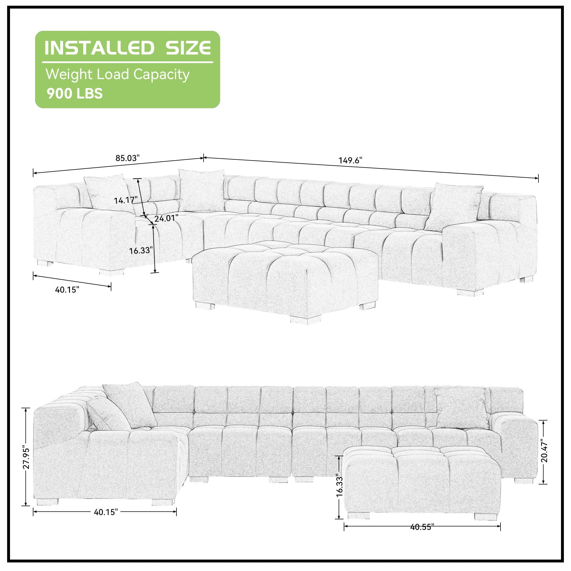 Modular Sectional Sofa 149.6" Sleeper Couch(White)