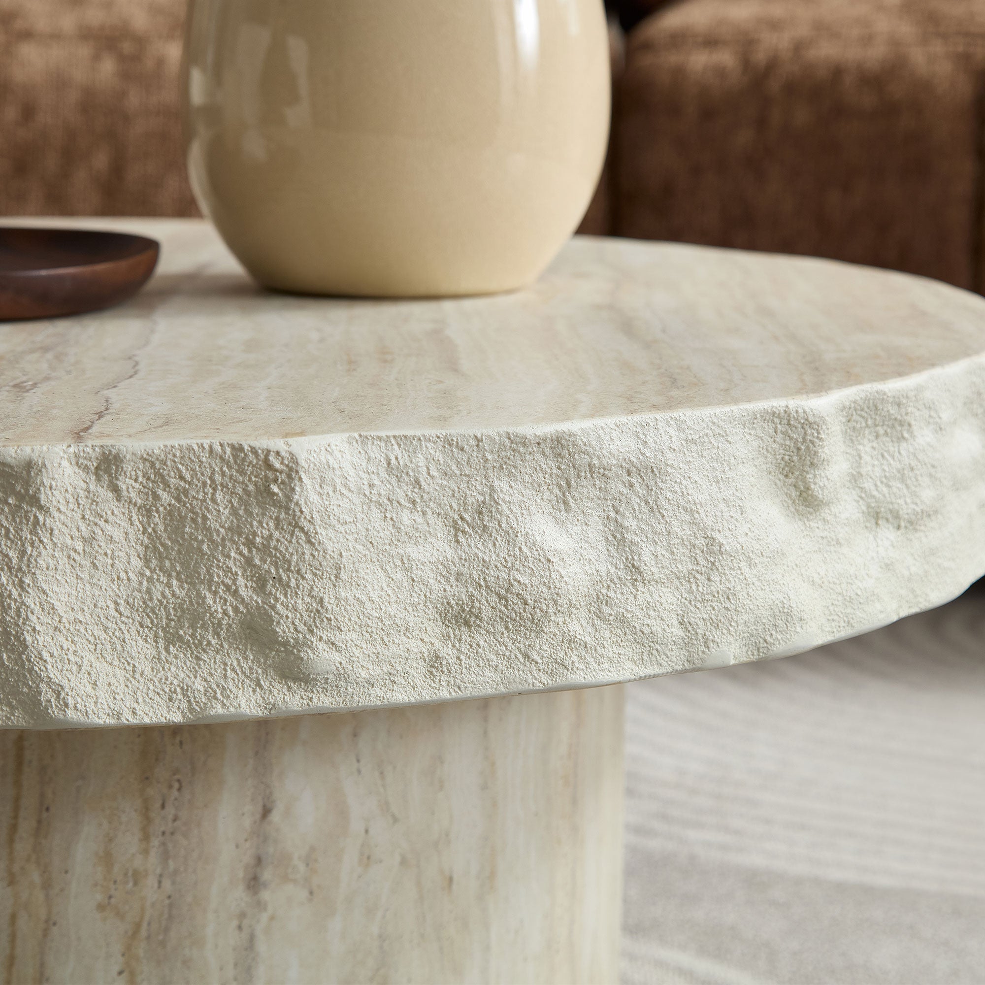 Set of 2 Faux MARS Textural Patterns Coffee Tables | No Assembly Needed – Fiberglass Round Tables for Living Room (Beige)