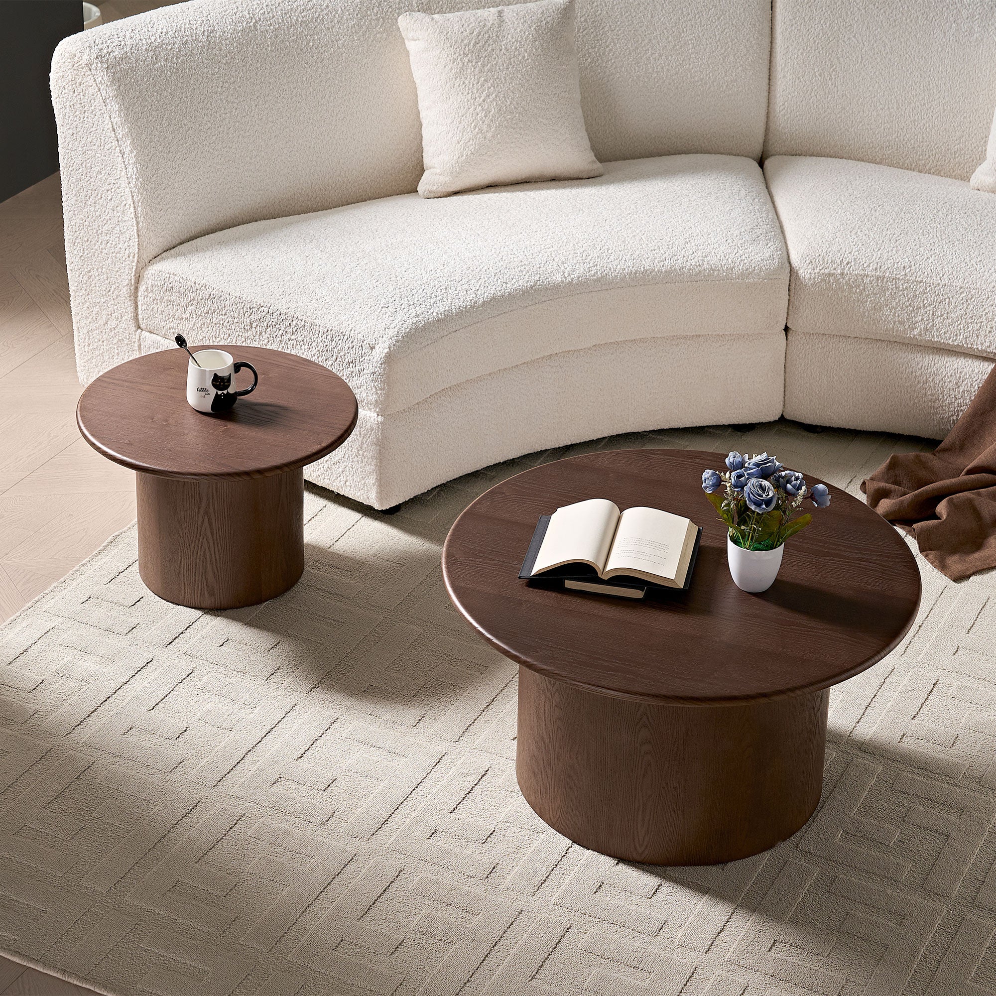 MDF Round Coffee Table Set of 2 | Nesting Tables – Walnut/Black, Mid-Century Modern, Space-Saving for Living Room
