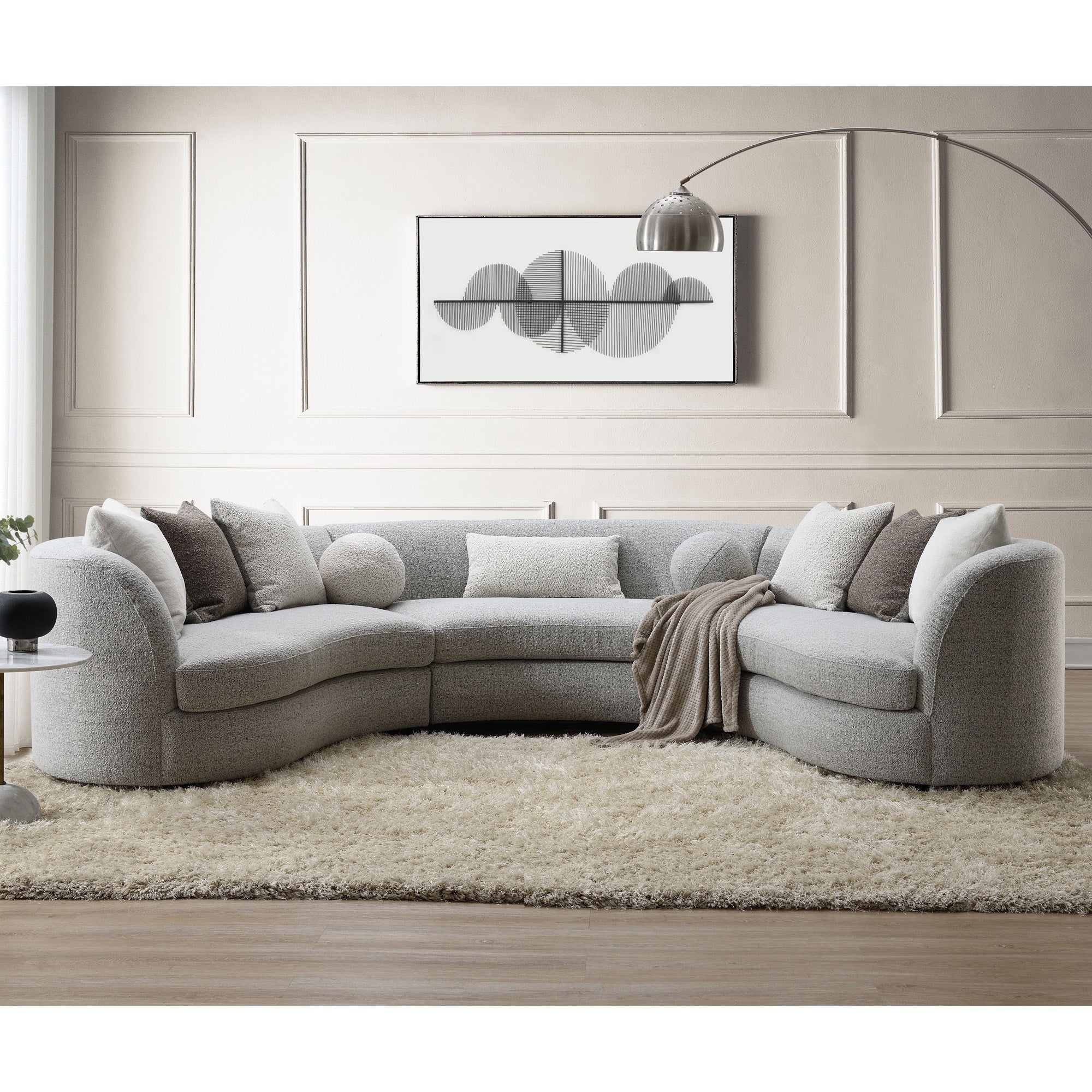 Gray Boucle Sectional Sofa With 9 Pillows