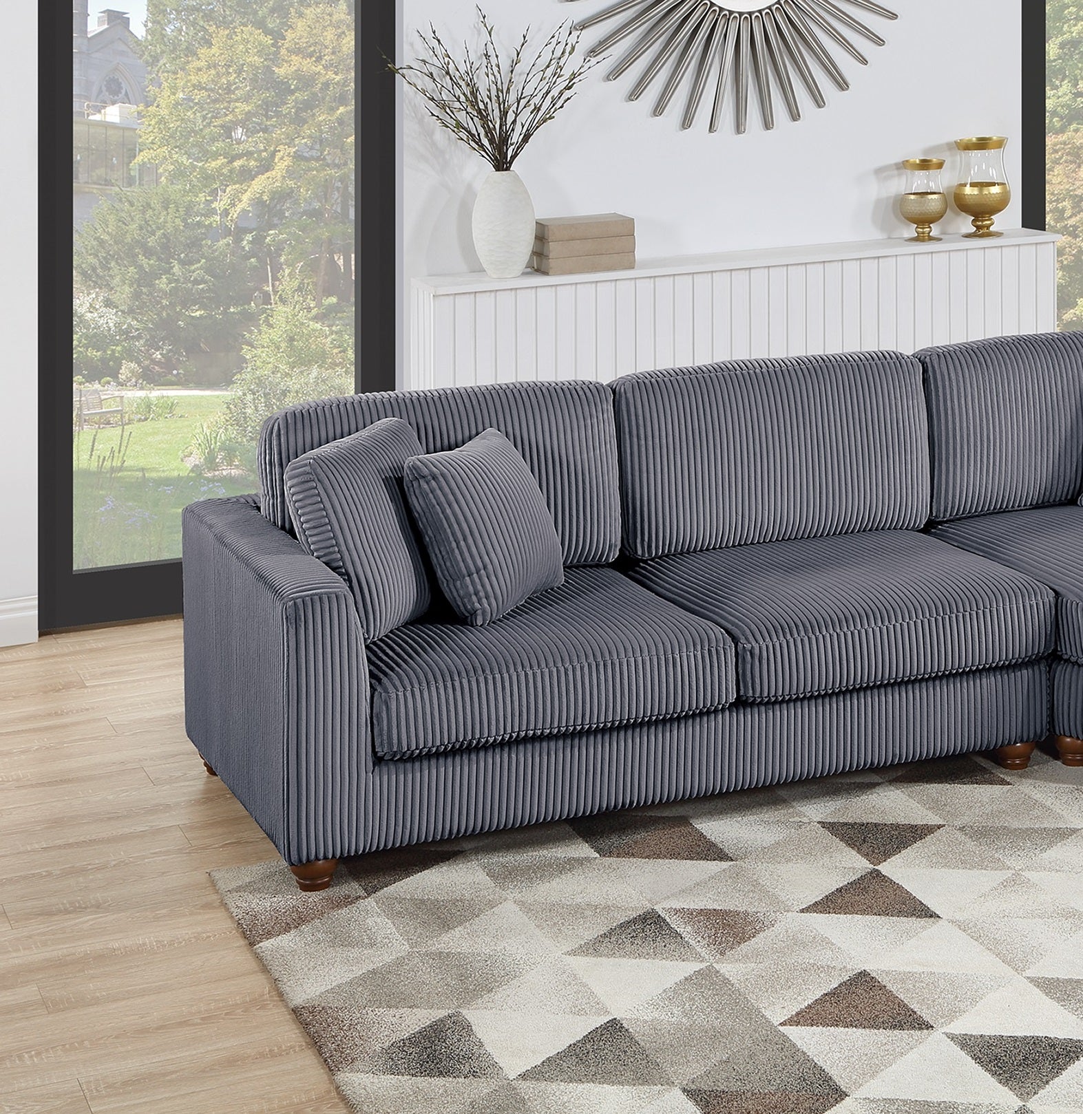 Corduroy Fabric Sofa Round Chaise w Pillows Living Room Couch
