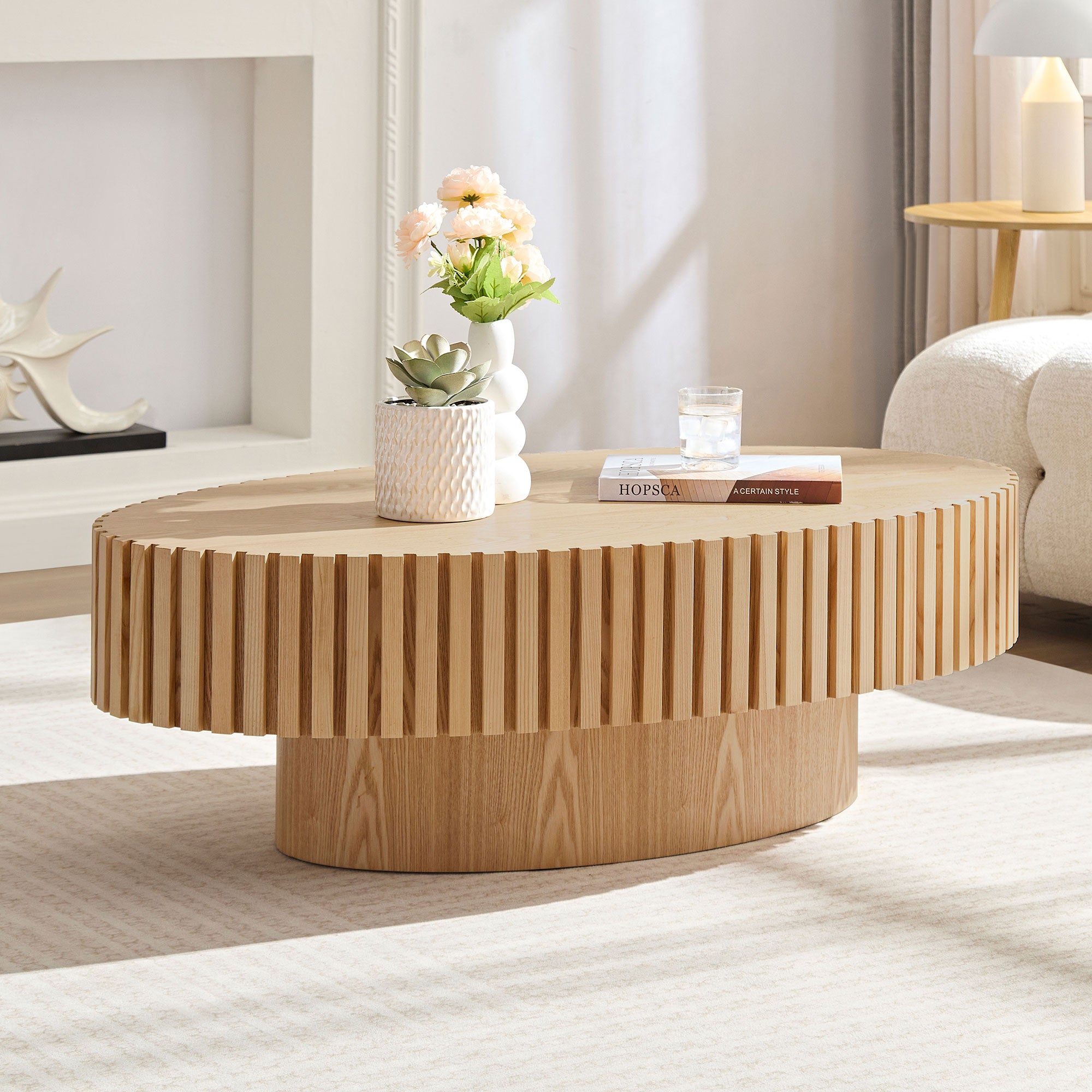 Modern Handcraft Drum Coffee Table | 43.7" Ellipse Coffee Table – Pedestal Base, Solid Wood Relief, Matt Black/Walnut/Natural Ash