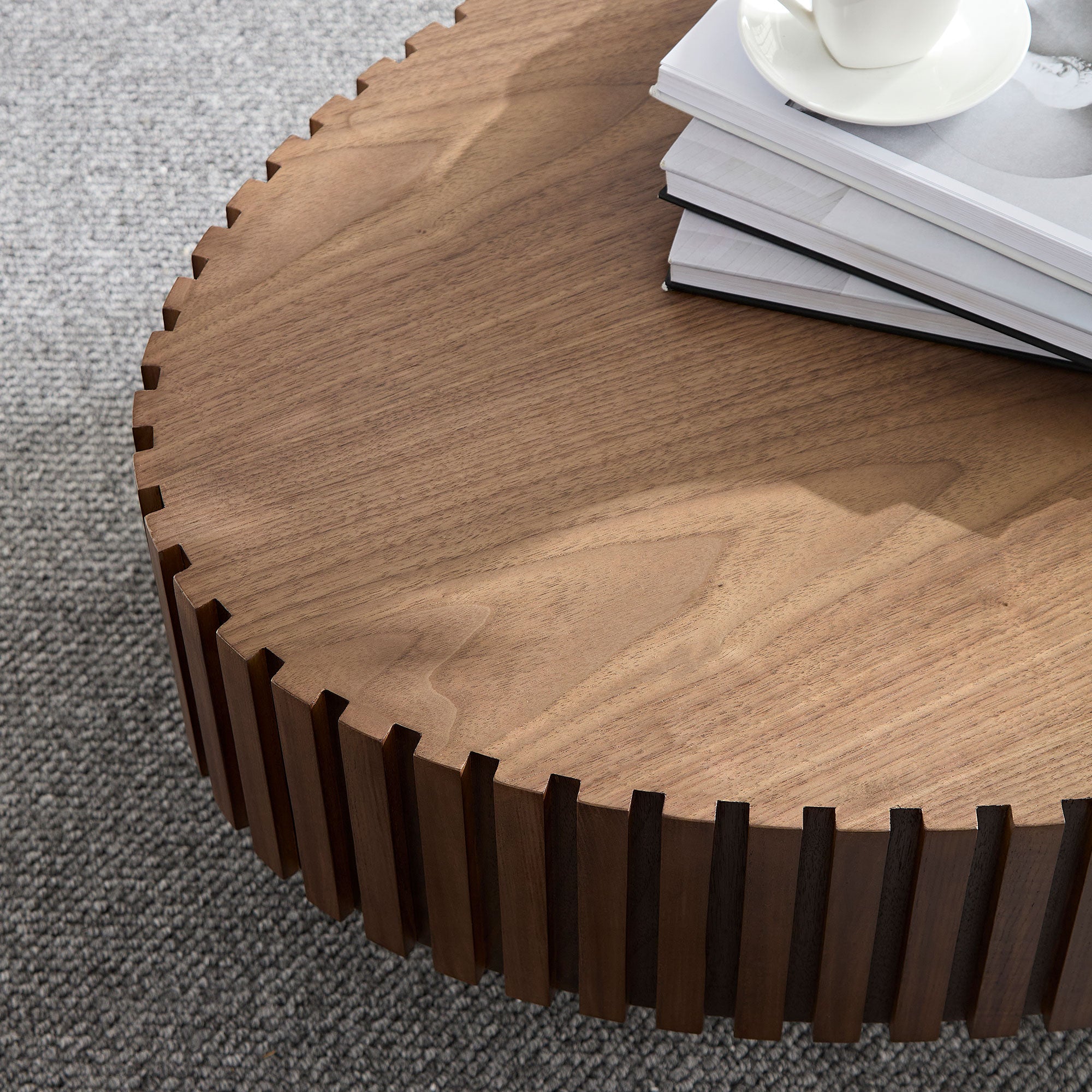 Modern Handcraft Drum Coffee Table | 43.7" Ellipse Coffee Table – Pedestal Base, Solid Wood Relief, Matt Black/Walnut/Natural Ash