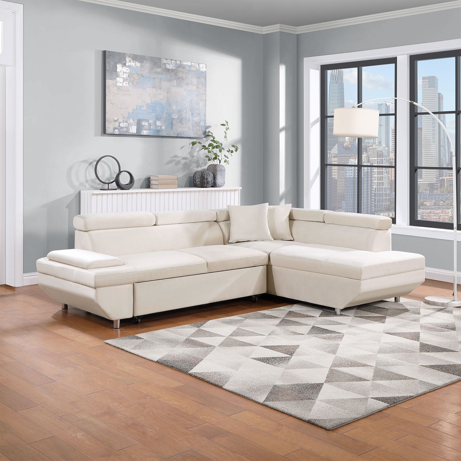 L Shape Sofa, Sleeper Sofa 2 in 1 Pull Out Couch Bed, Pull-out Bed for Living Room, Metal Legs