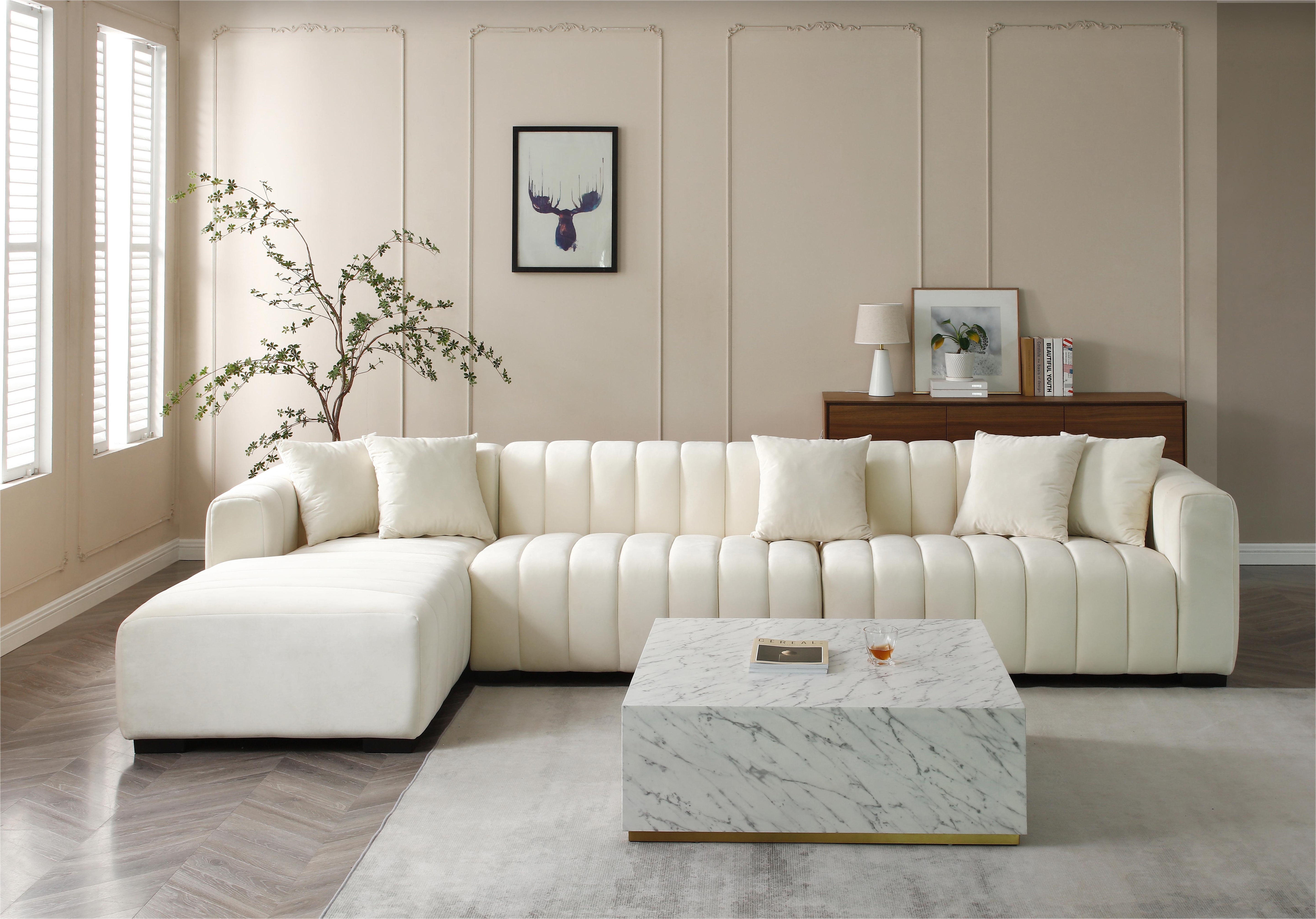 L-Shape Sectional Sofa with Deep Tufted Velvet Upholstered Modular Sofa beige
