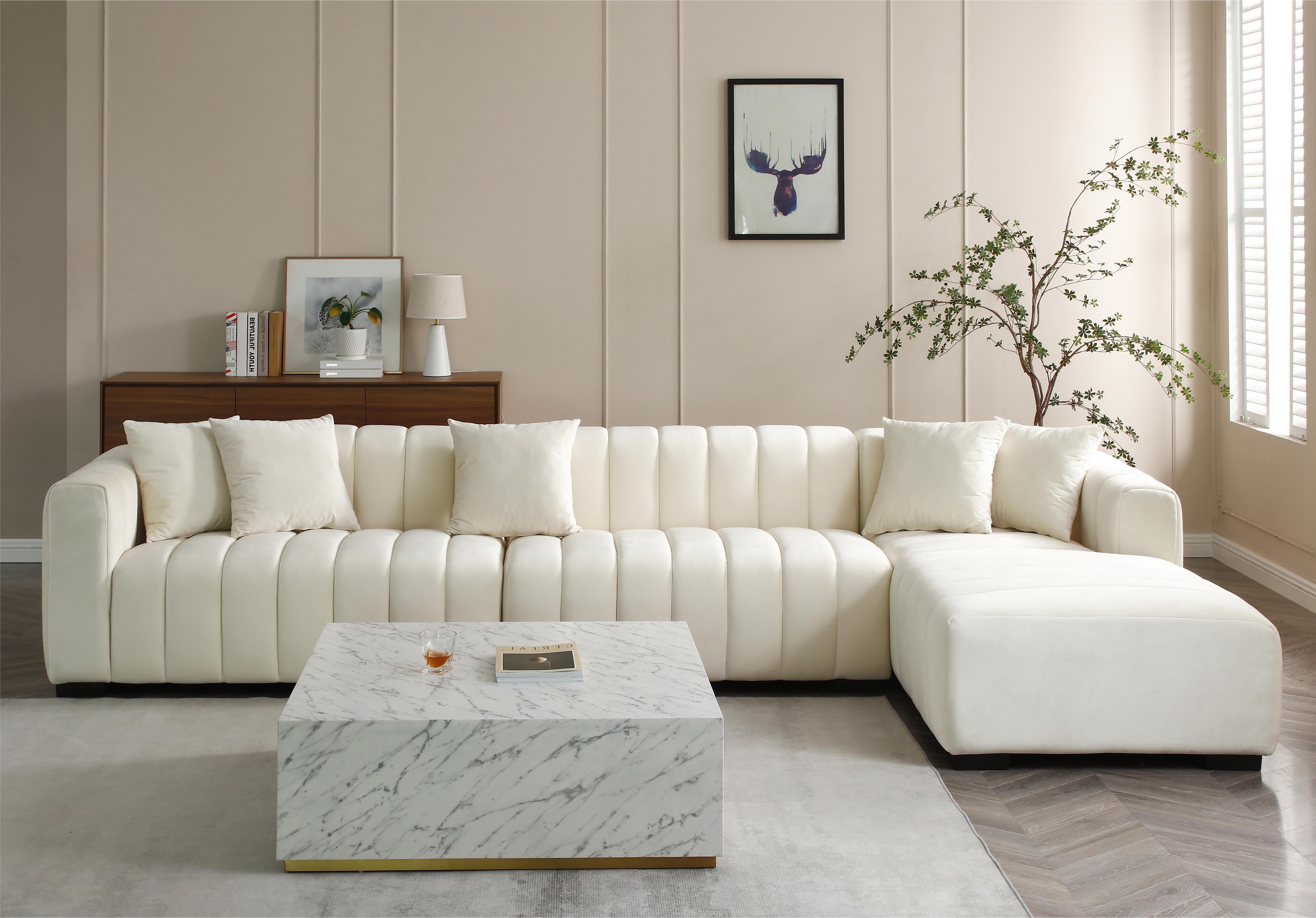 L-Shape Sectional Sofa with Deep Tufted Velvet Upholstered Modular Sofa beige