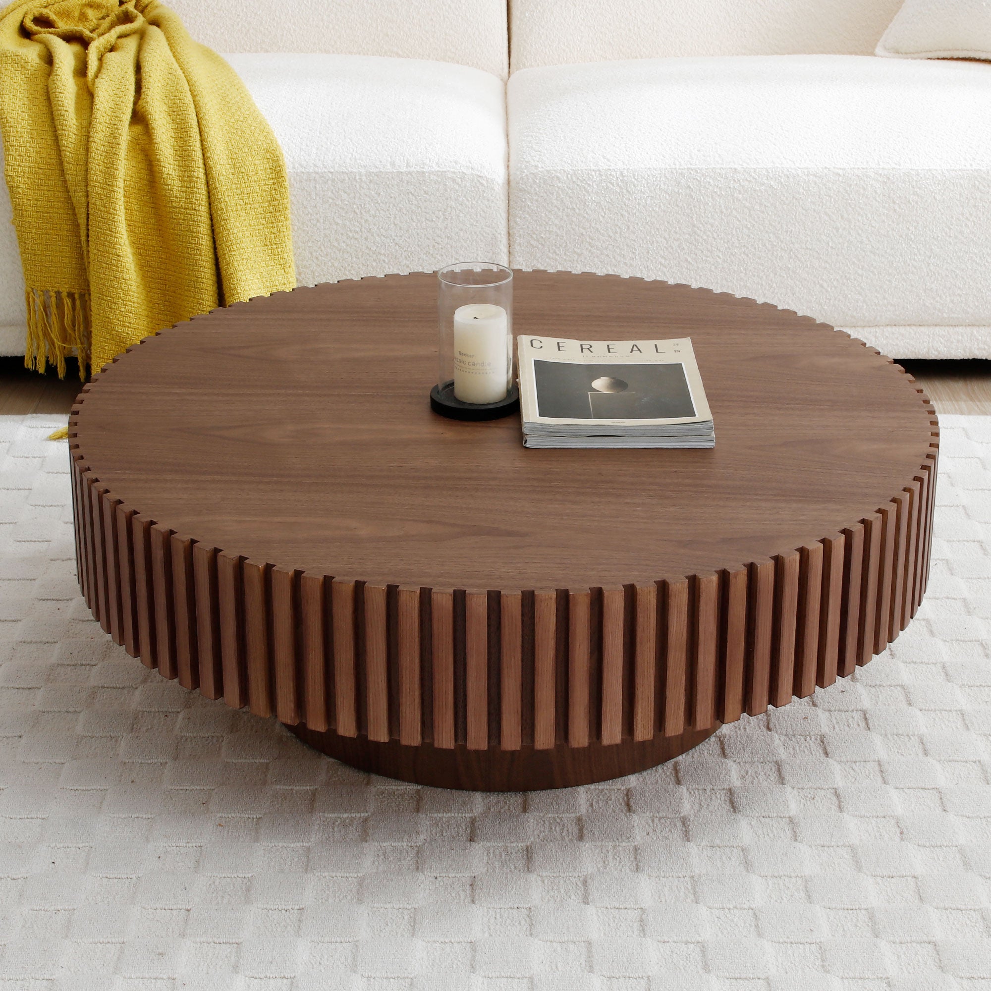 Modern Handcraft Drum Coffee Table Round Wood Coffee Table for Living Room