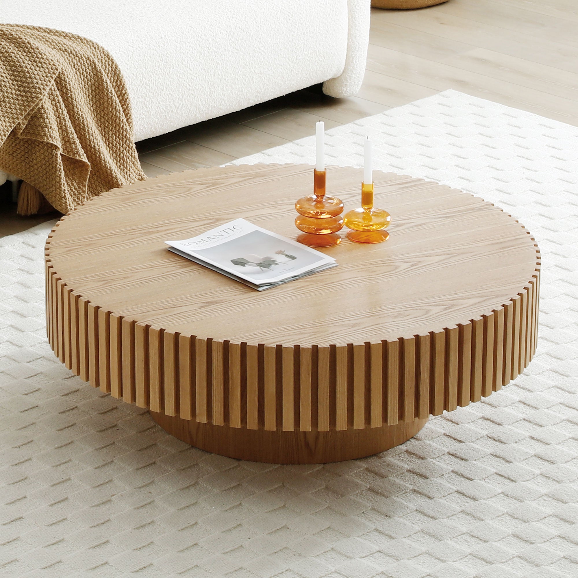 Modern Handcraft Drum Coffee Table Round Wood Coffee Table for Living Room
