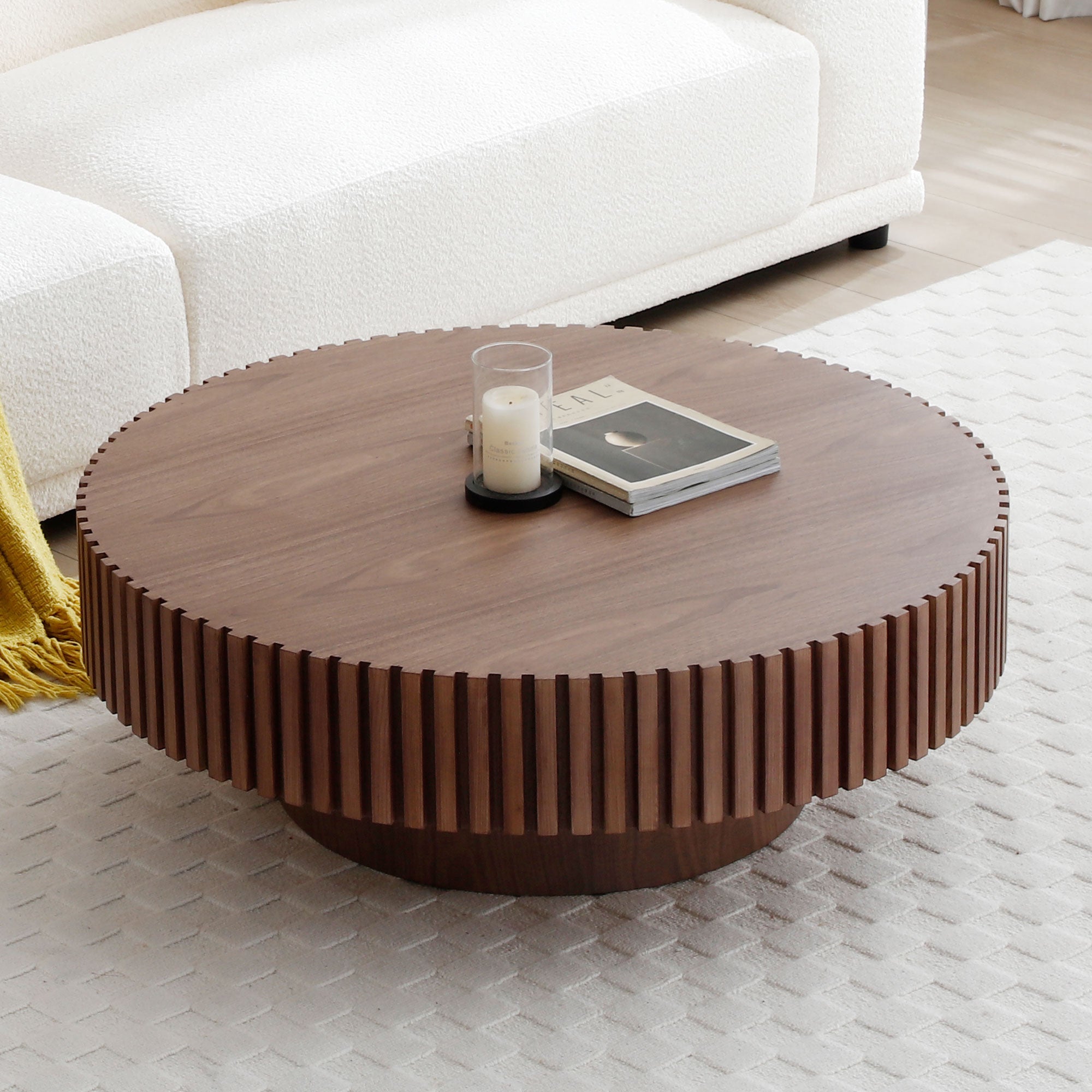 Modern Handcraft Drum Coffee Table Round Wood Coffee Table for Living Room