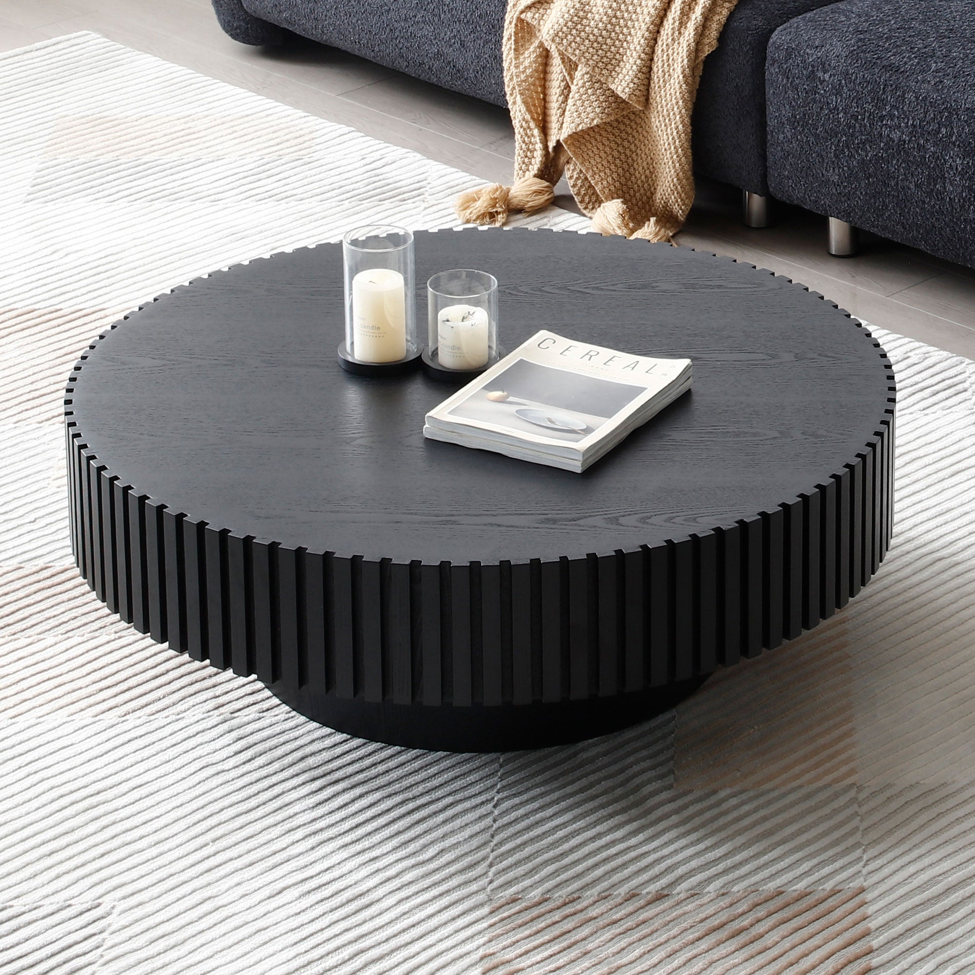 Modern Handcraft Drum Coffee Table Round Wood Coffee Table for Living Room