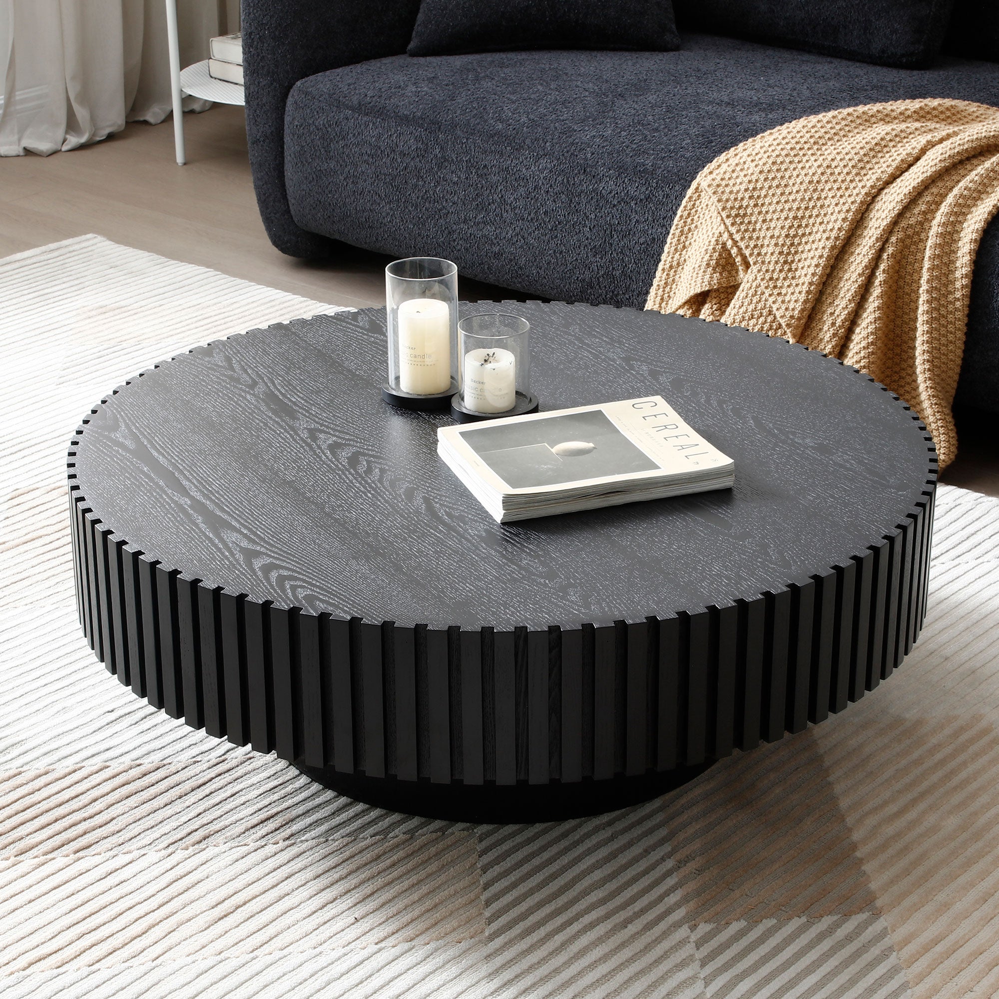 Modern Handcraft Drum Coffee Table Round Wood Coffee Table for Living Room