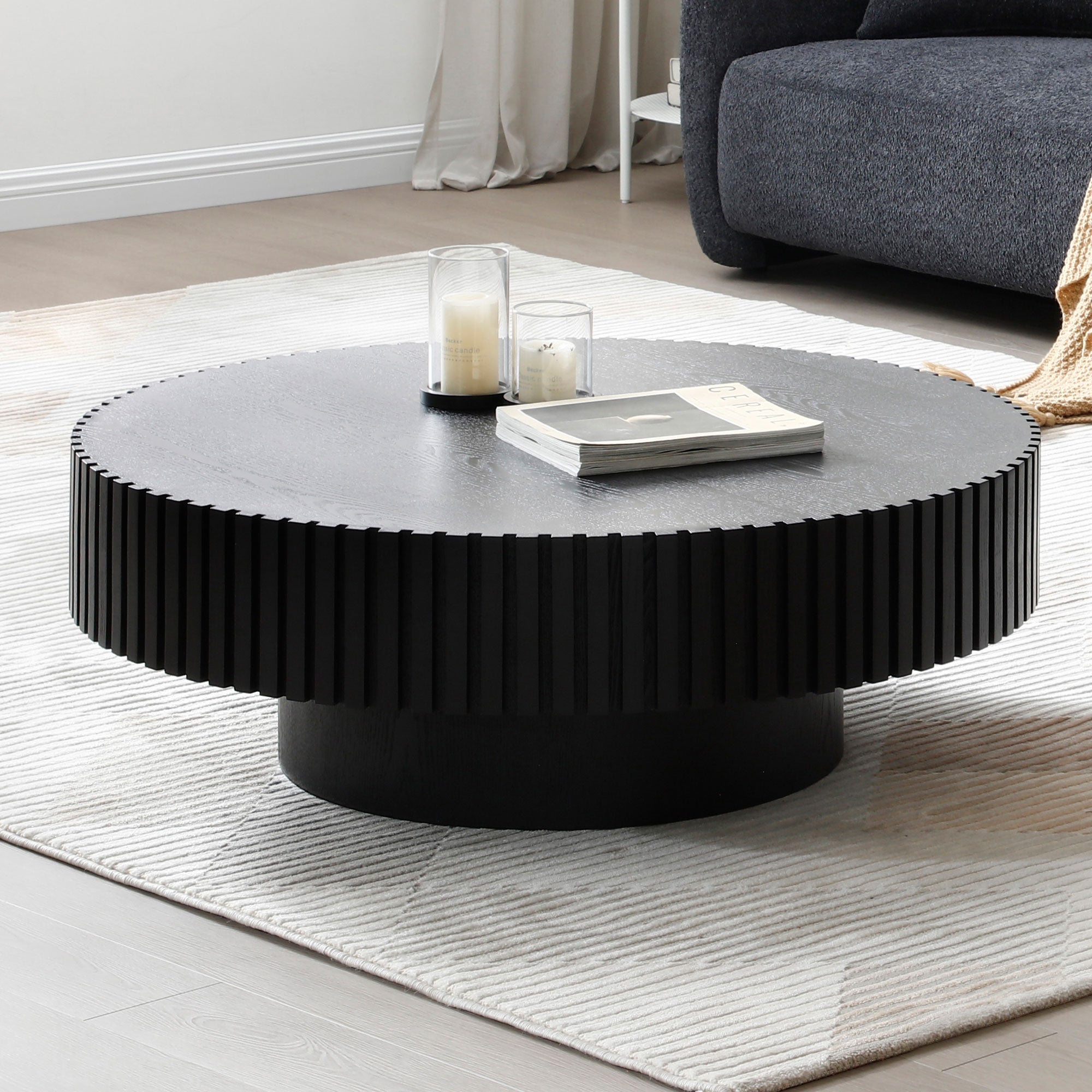 Modern Handcraft Drum Coffee Table Round Wood Coffee Table for Living Room