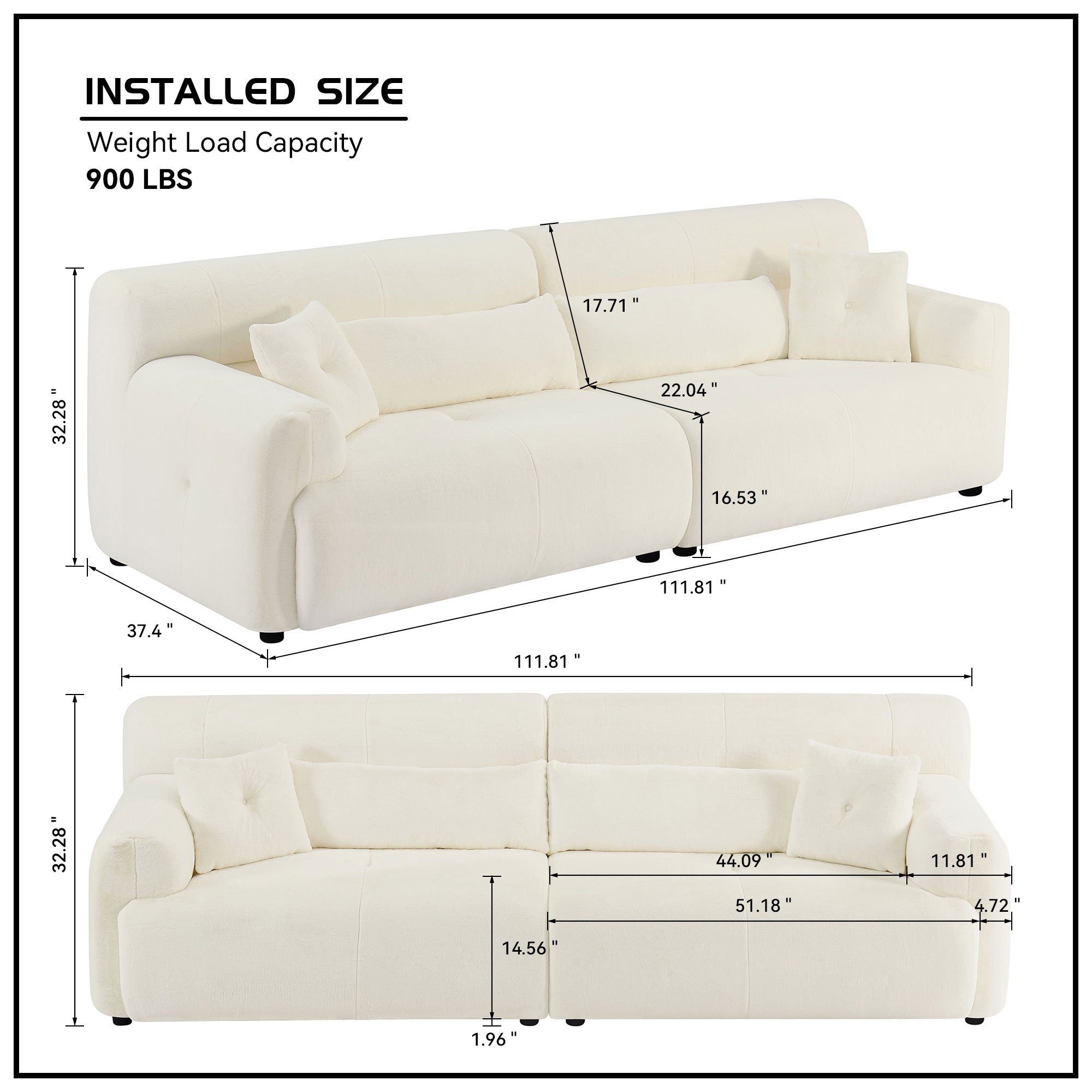 111.81'' Soft Thick Fuzzy Faux Rabbit Fur Couch Sofa