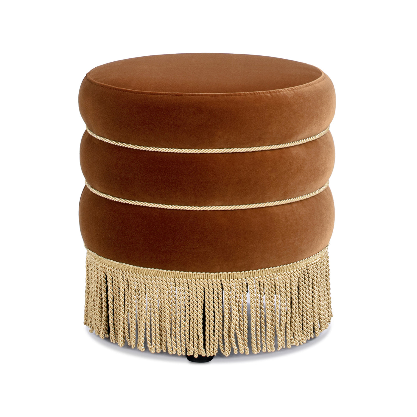 Round Upholstered Ottoman with Bullion Fringe Burnt