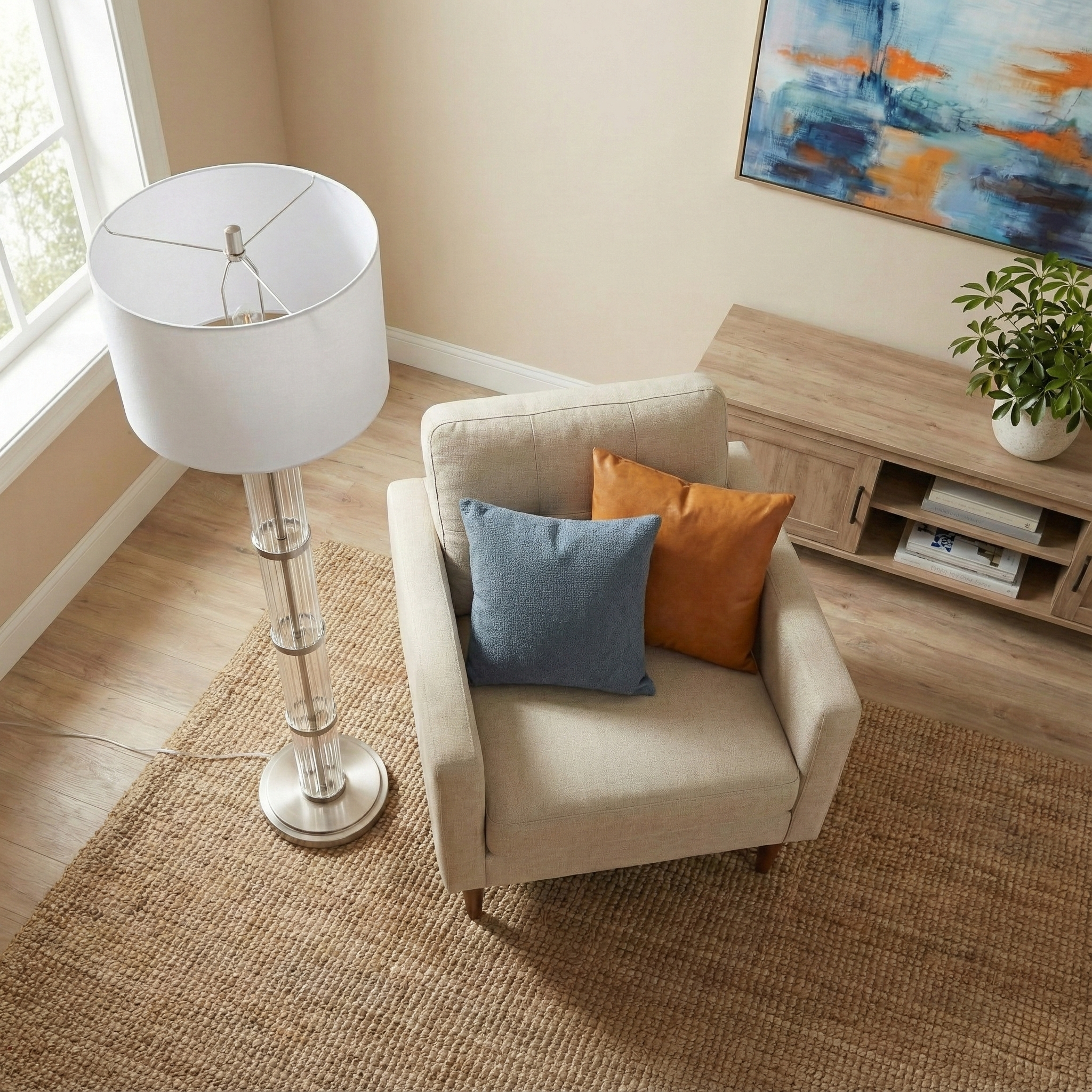 Brushed Nickel Floor Lamp | 63" Tall with 3-Way Rotary Switch, Clear Glass Body, Metal Base – White Drum Shade for Living Room