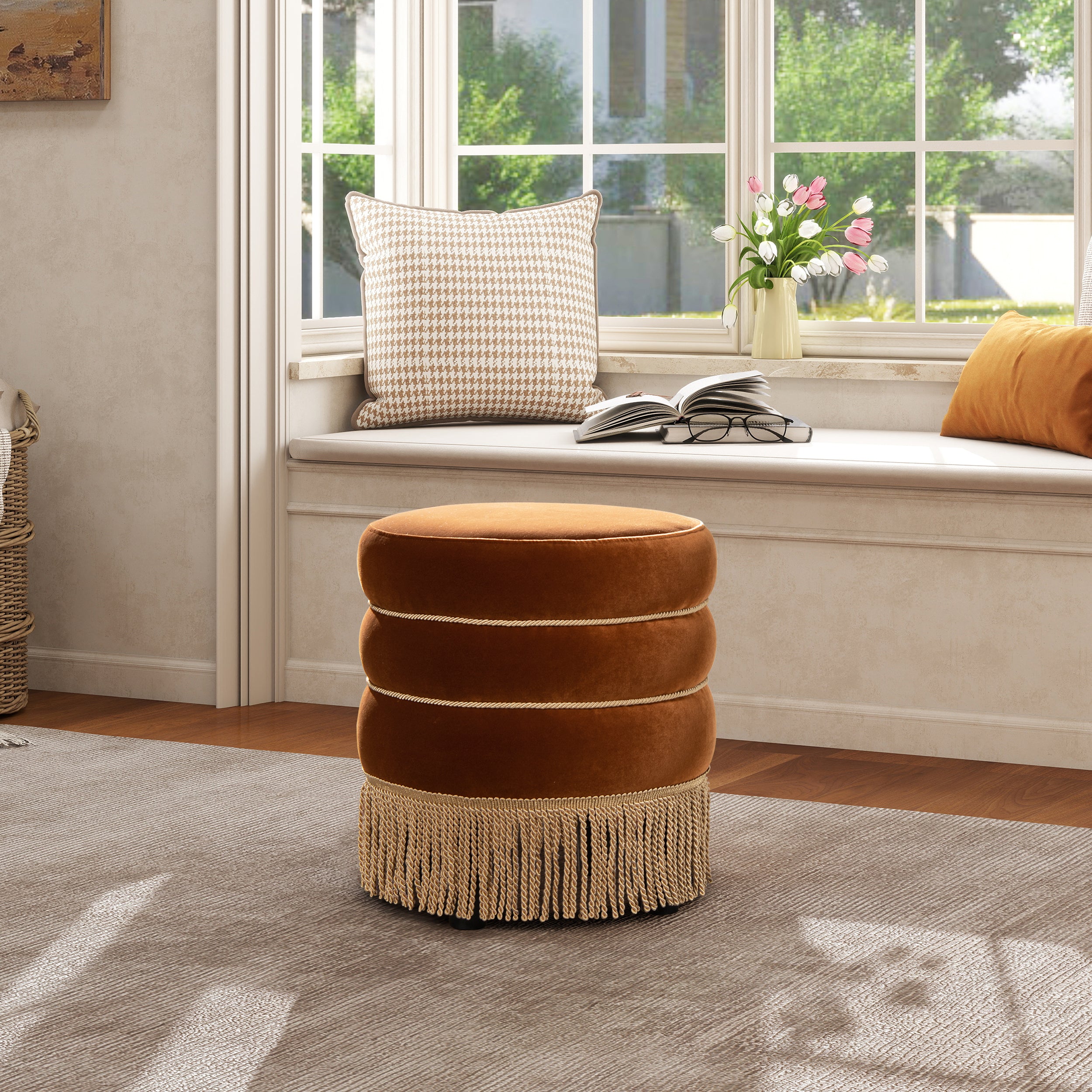 Round Upholstered Ottoman with Bullion Fringe Burnt