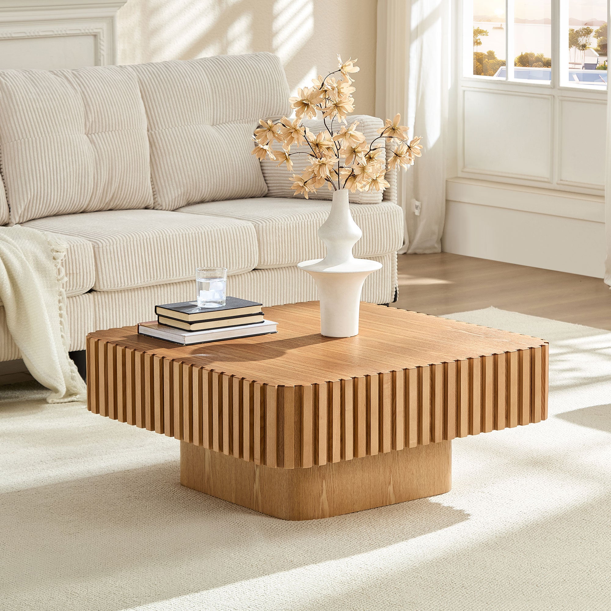Modern Handcraft Drum Coffee Table | 35.43" Square Coffee Table – Wood Veneer, Pedestal Base, Solid Wood Relief Edge for Living Room