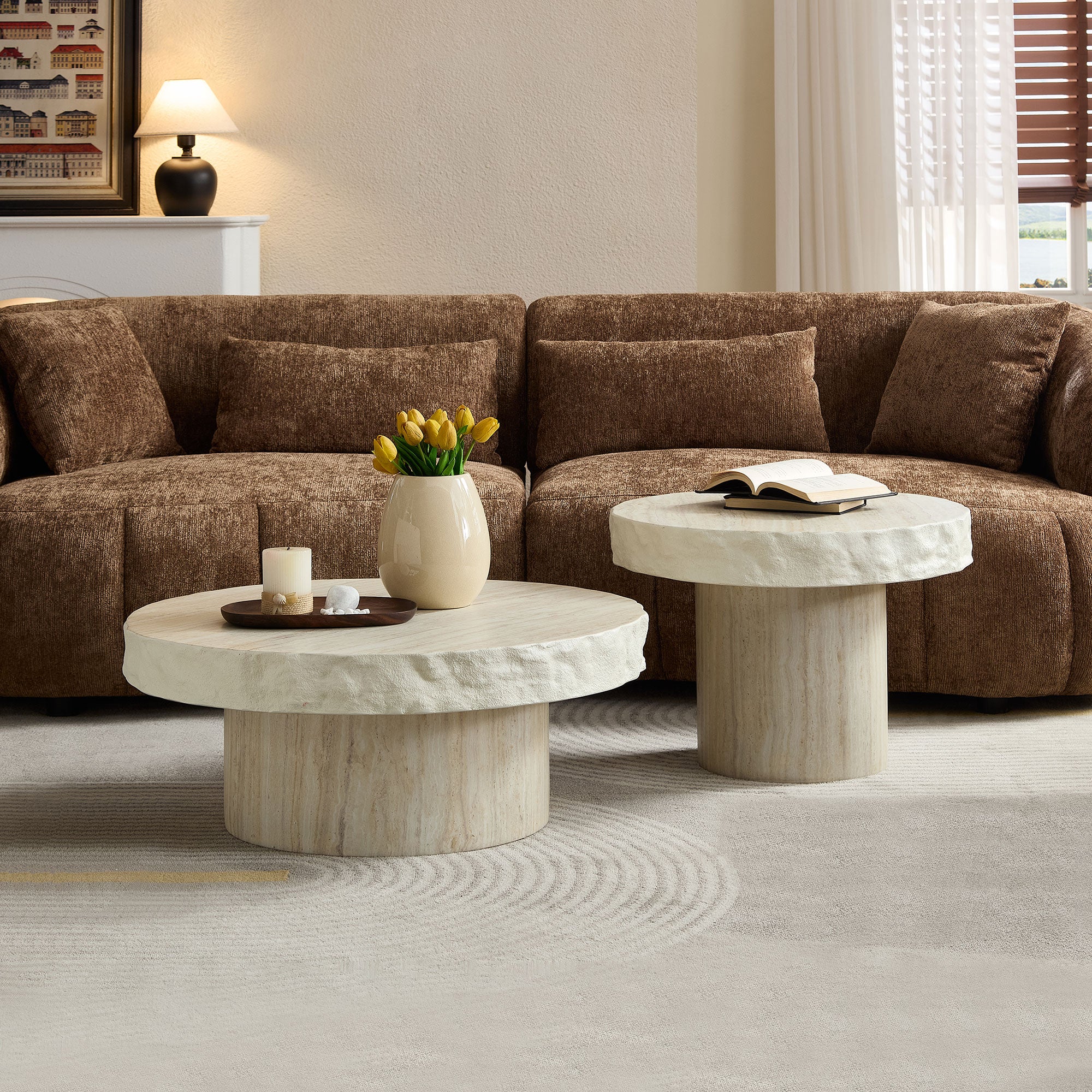 Set of 2 Faux MARS Textural Patterns Coffee Tables | No Assembly Needed – Fiberglass Round Tables for Living Room (Beige)