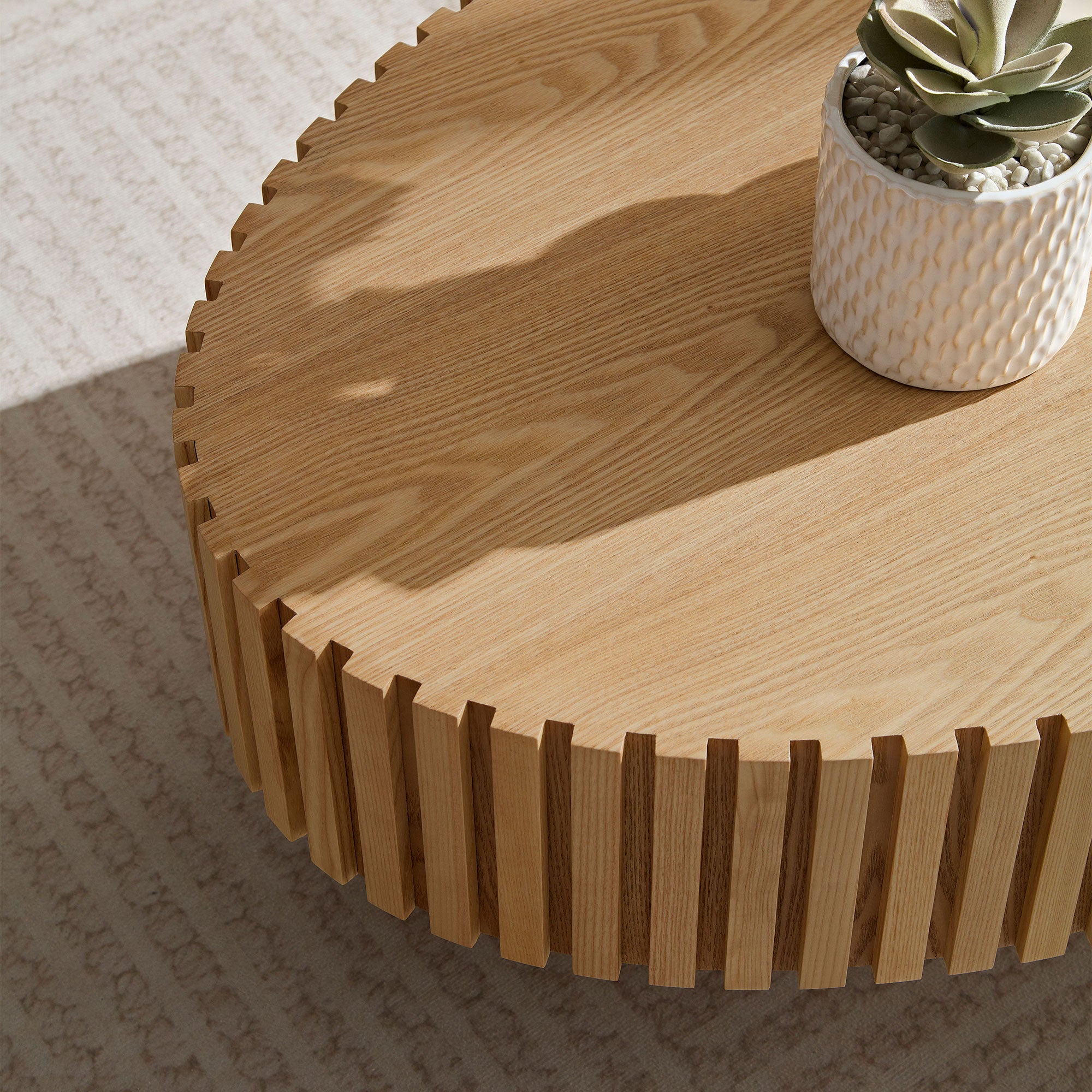 Modern Handcraft Drum Coffee Table | 43.7" Ellipse Coffee Table – Pedestal Base, Solid Wood Relief, Matt Black/Walnut/Natural Ash