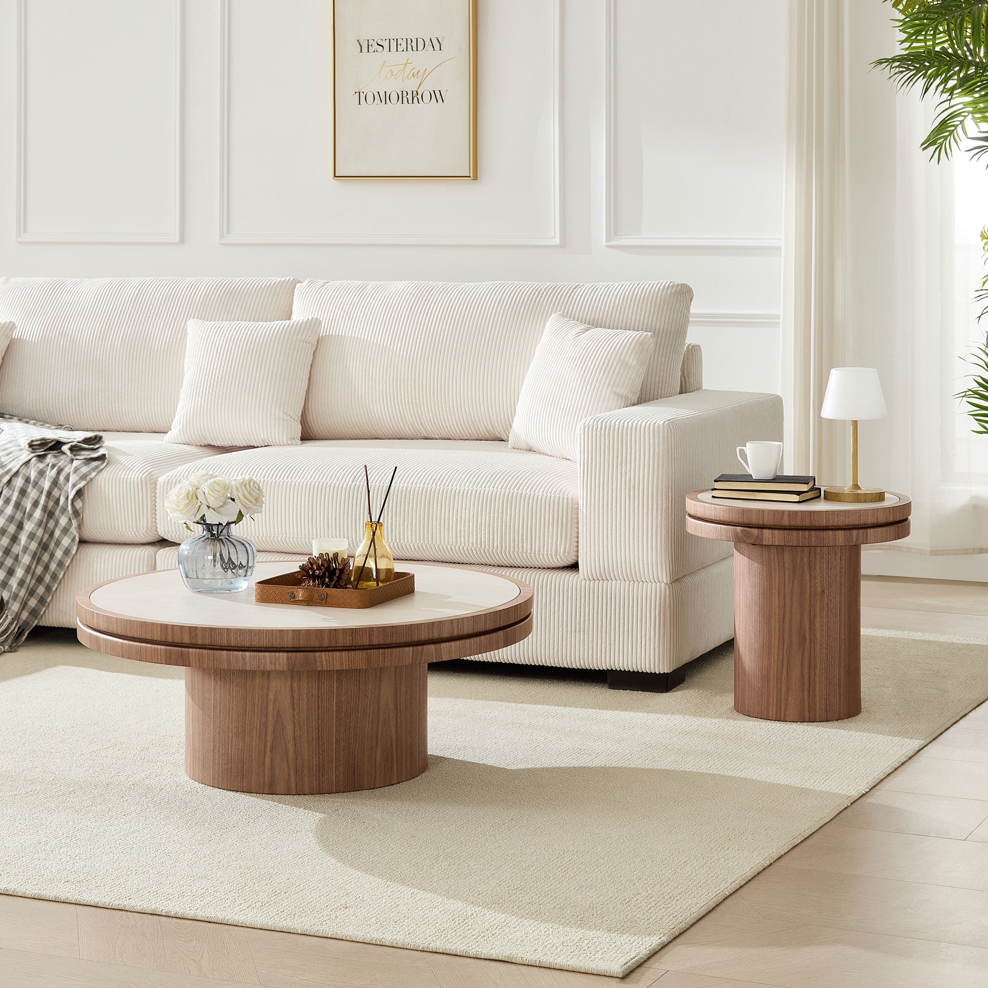 Sintered Stone Round Coffee Table Set of 2 | MDF Base – Natural/Walnut Finish – Modern Living Room Nesting Tables
