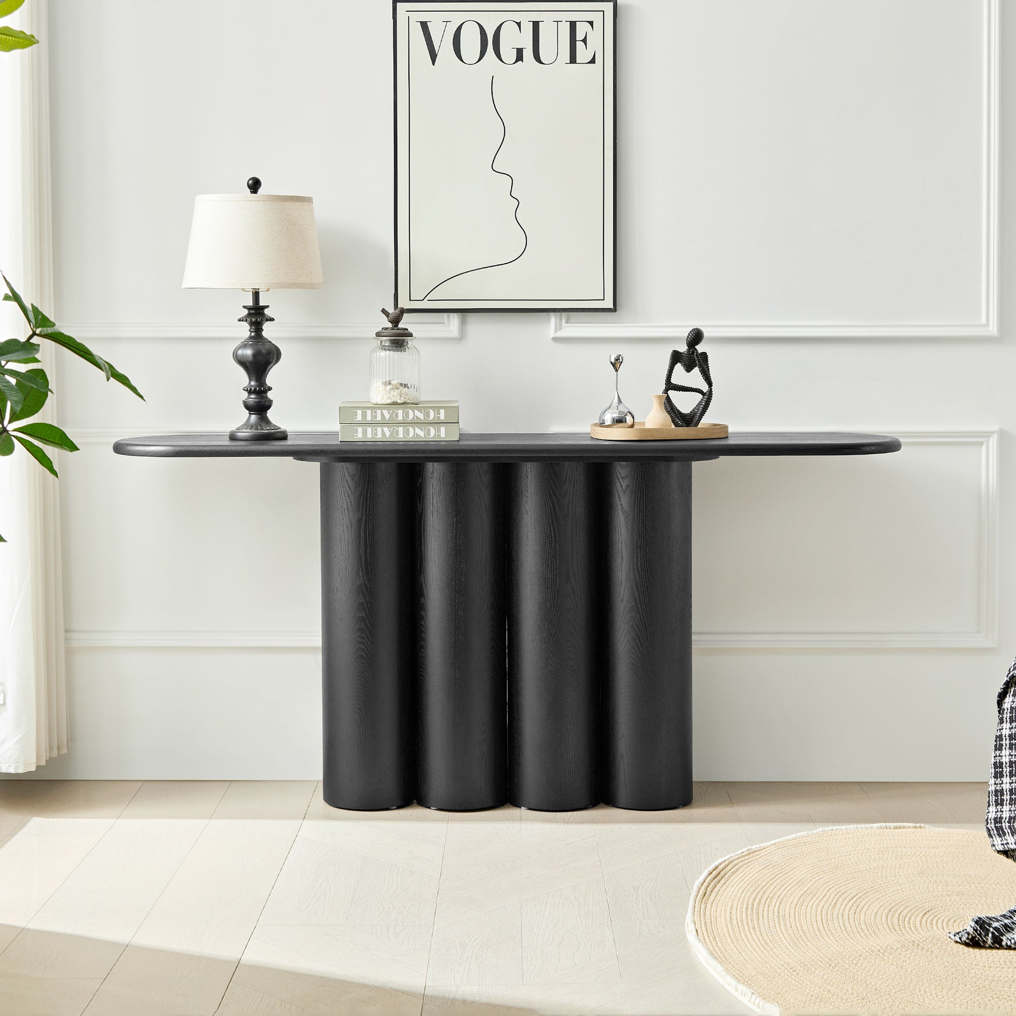 Modern Console Table for Entryway | Unique Cylinder Legs Design – 67" Wood Accent Table, Mid-Century Modern, Natural/Black
