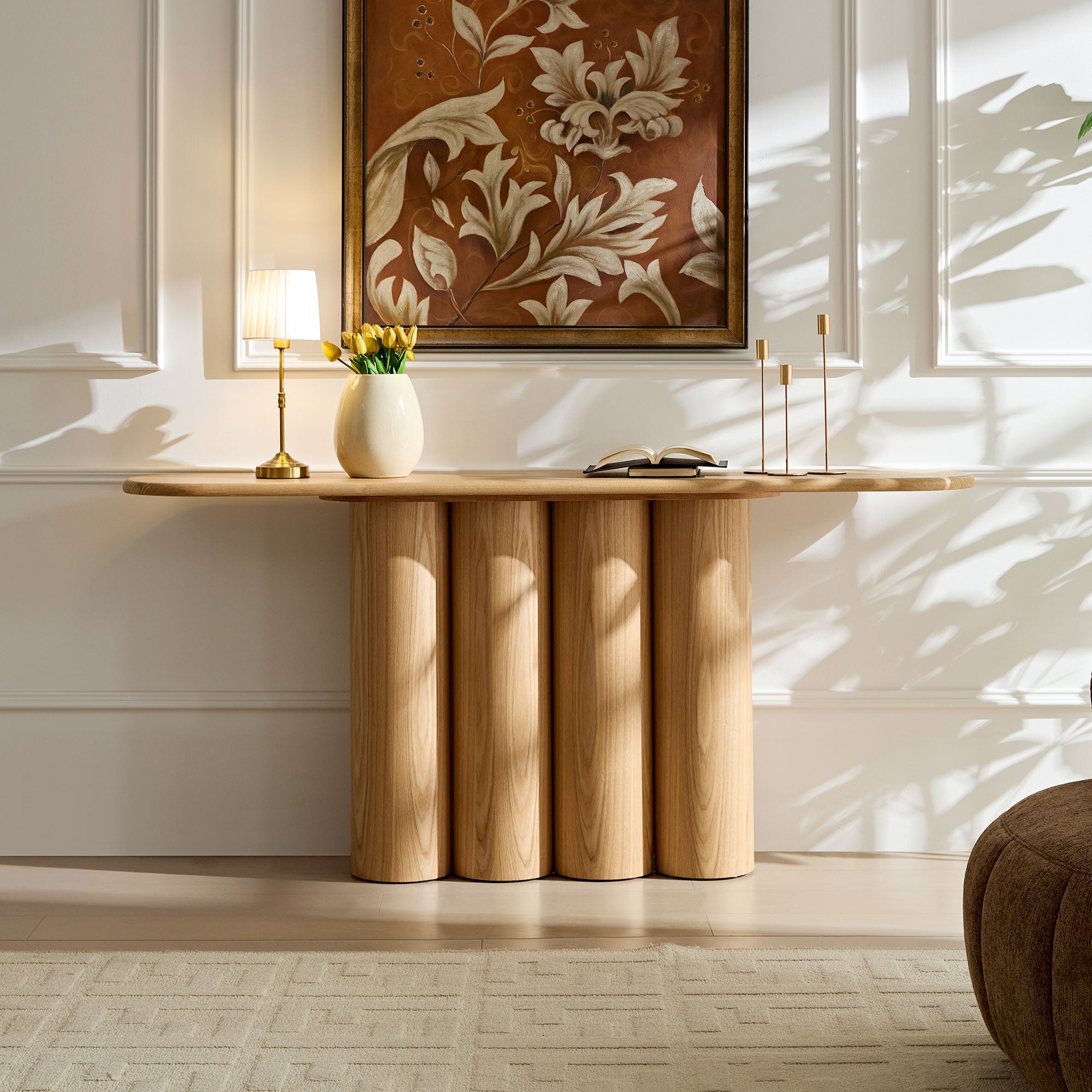 Modern Console Table for Entryway | Unique Cylinder Legs Design – 67" Wood Accent Table, Mid-Century Modern, Natural/Black