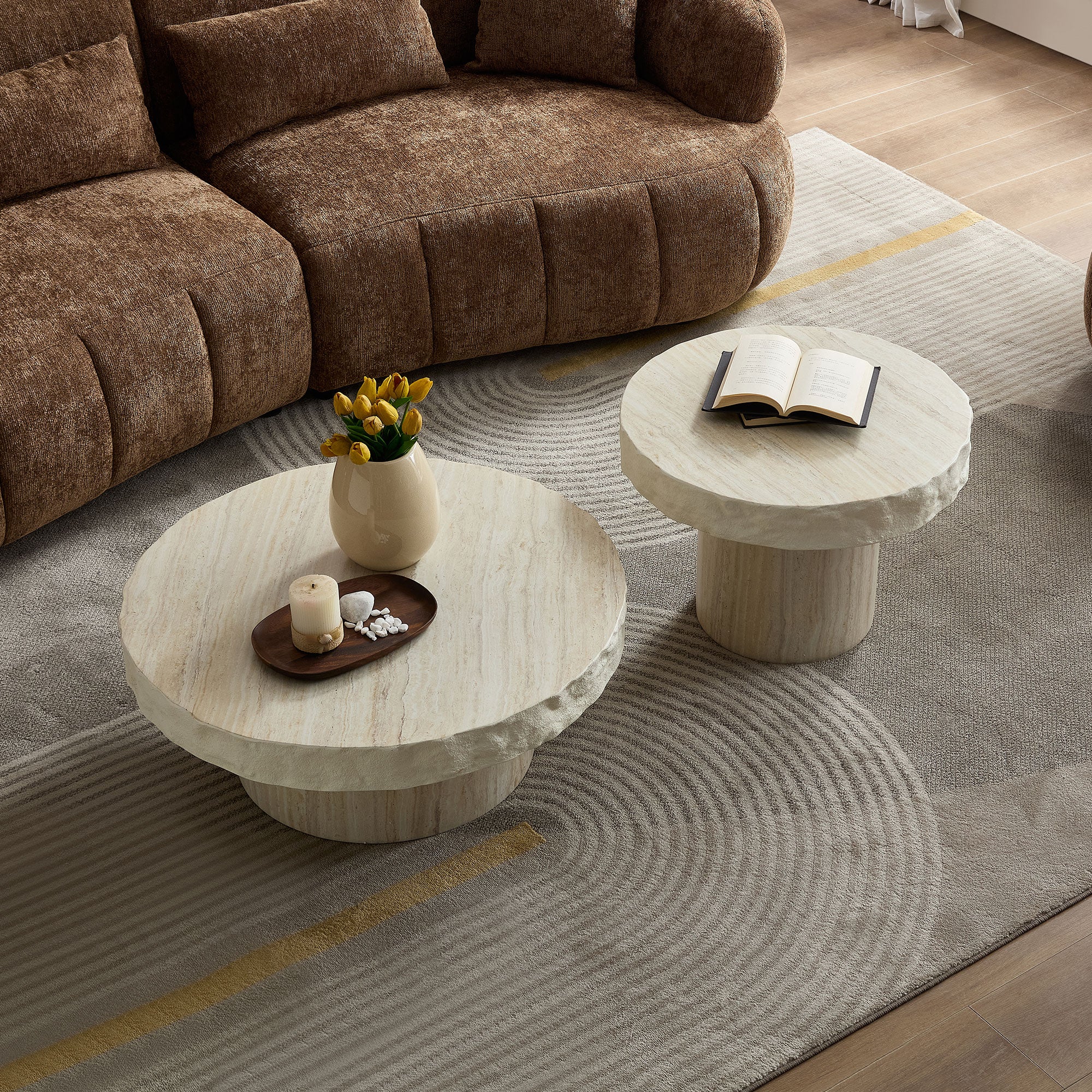 Set of 2 Faux MARS Textural Patterns Coffee Tables | No Assembly Needed – Fiberglass Round Tables for Living Room (Beige)