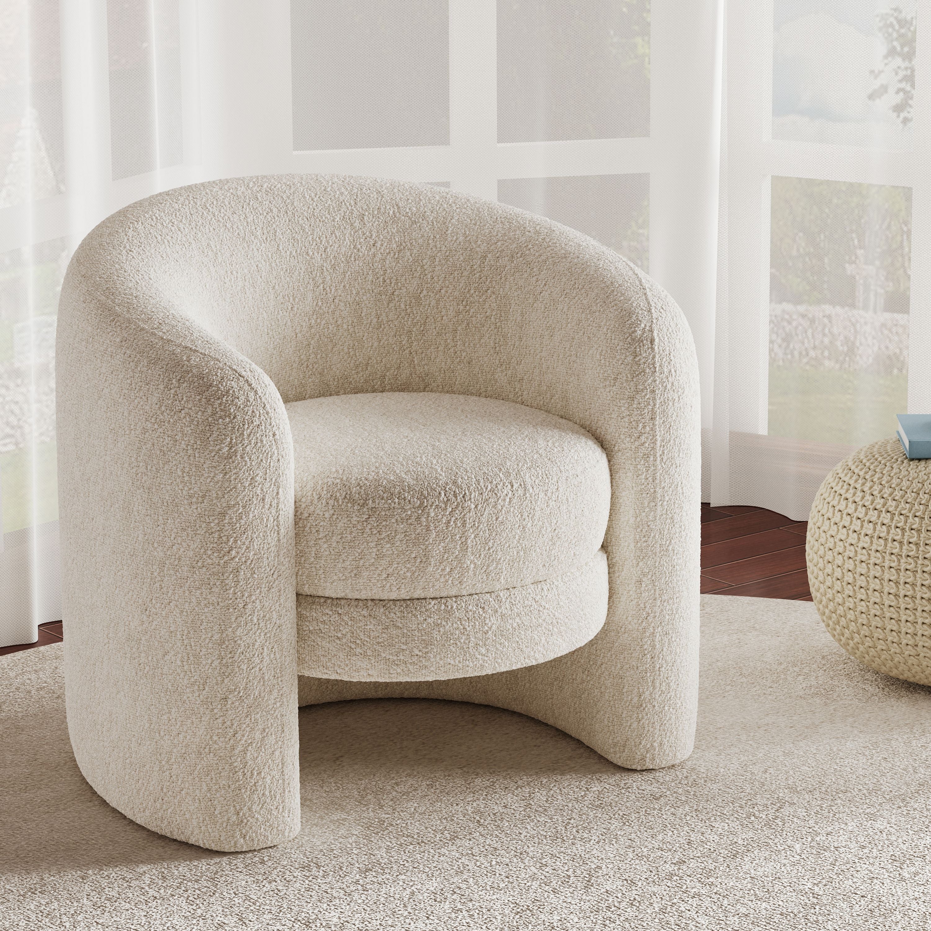 Modern Curved - Back Accent Chair: Boucle Fabric, No Assembly for Living