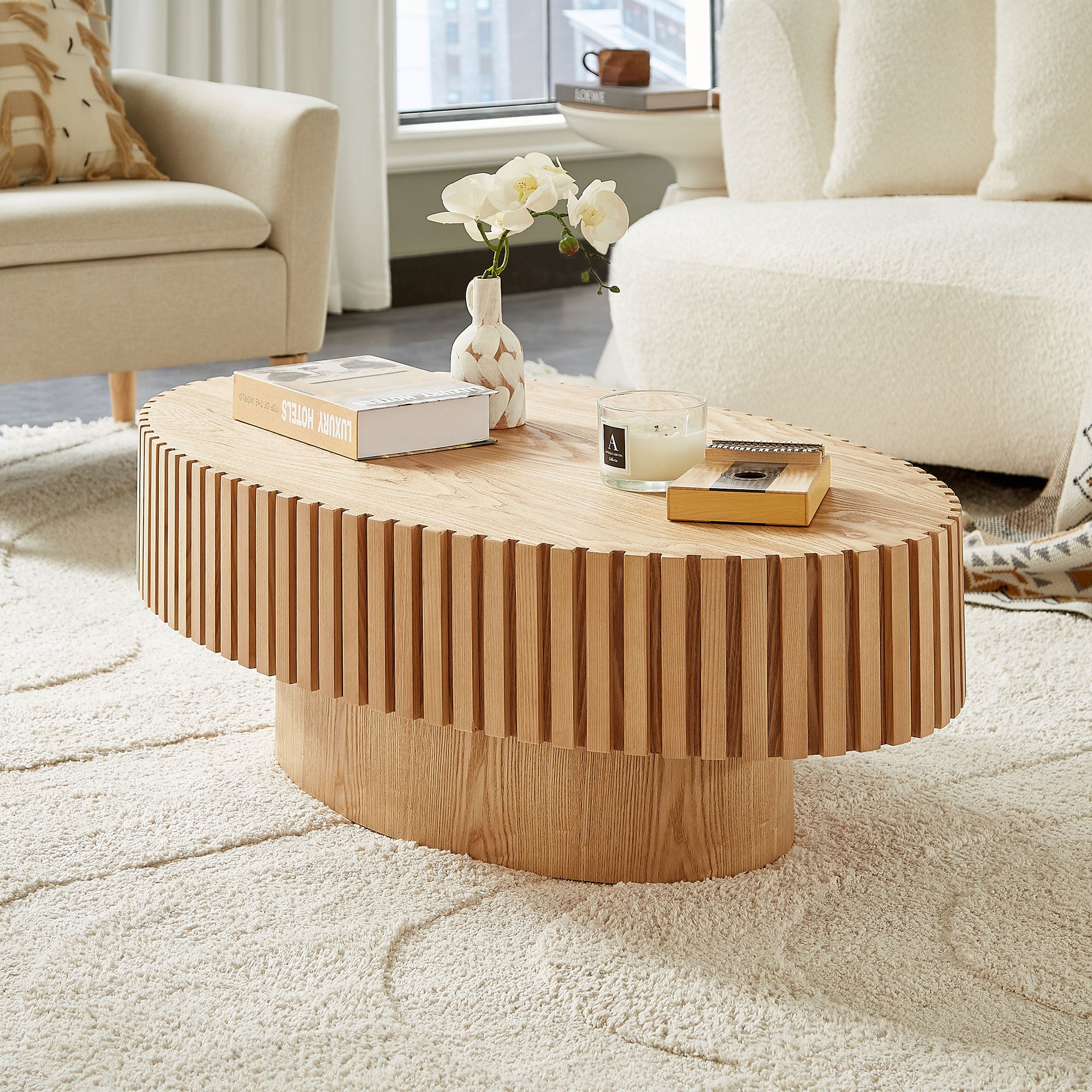 Modern Handcraft Drum Coffee Table | 43.7" Ellipse Coffee Table – Pedestal Base, Solid Wood Relief, Matt Black/Walnut/Natural Ash