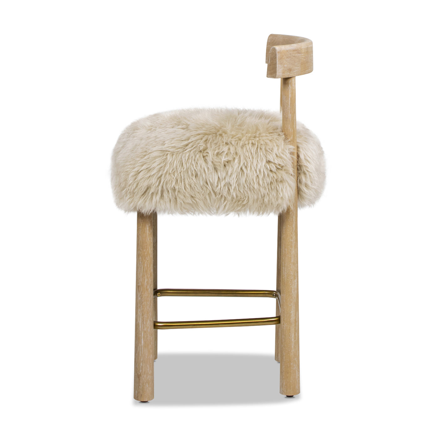 Genuine Fur Counter Height Bar Stool | Solid Wood Frame, Brass Footrest – New Zealand Sheepskin, Natural Light-Toned Finish