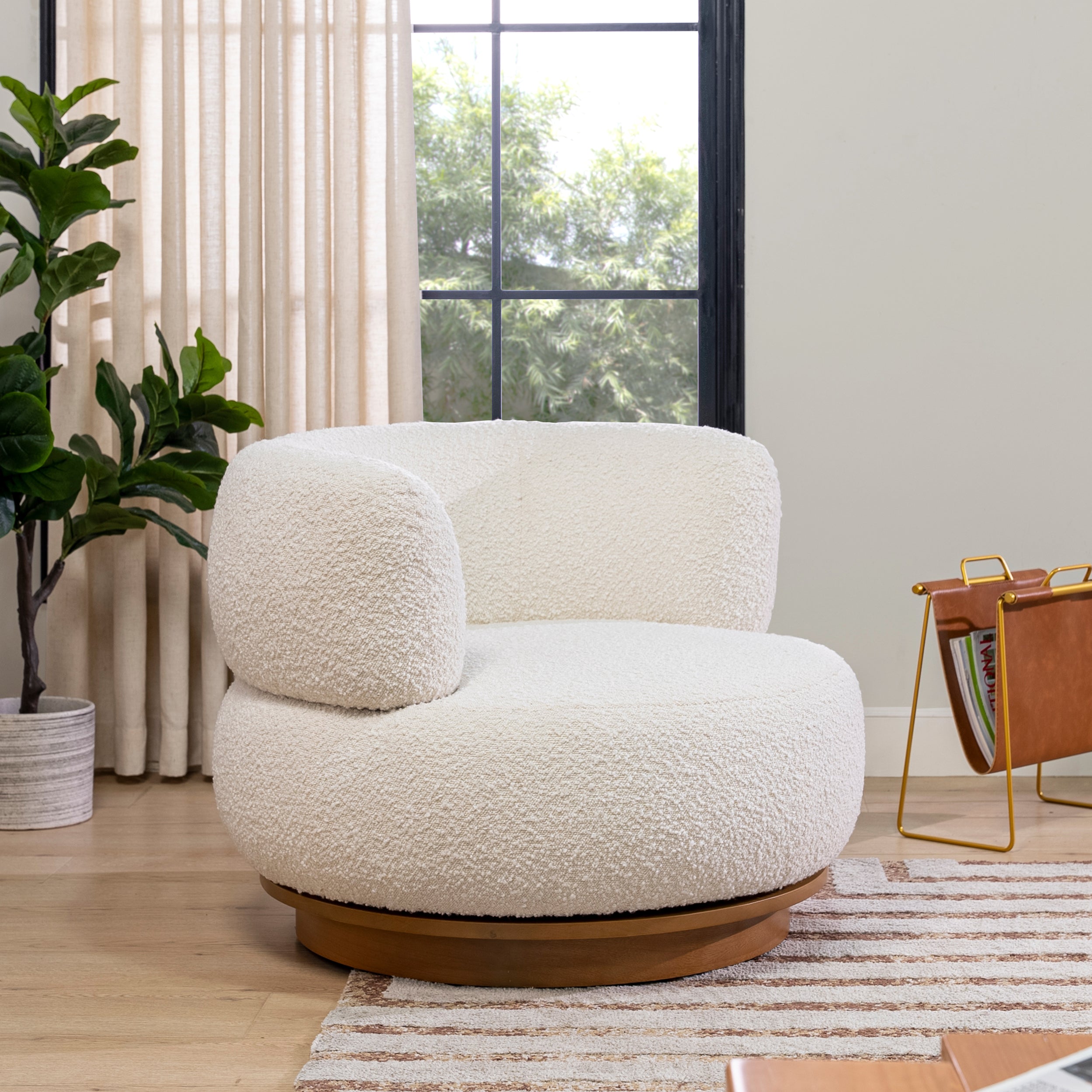 360 Swivel Low Barrel Back Accent Chair, Ivory White Boucle
