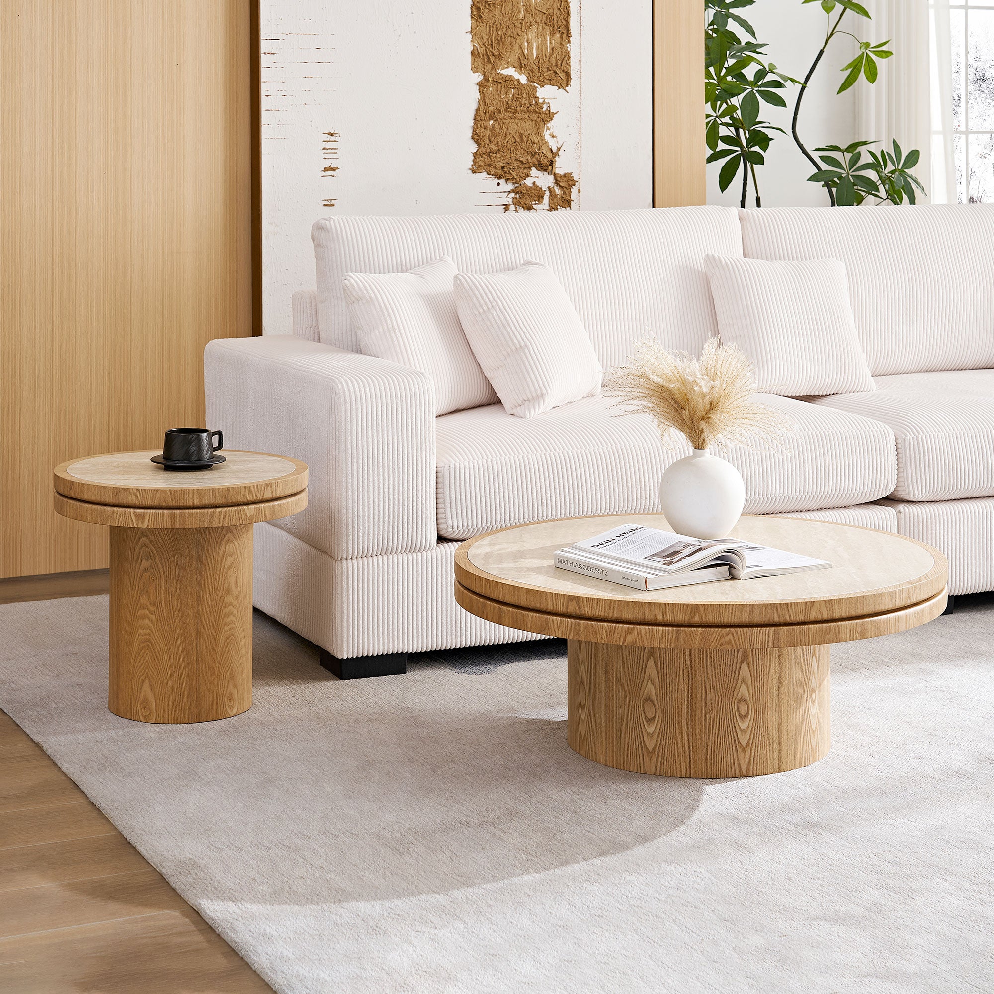 Sintered Stone Round Coffee Table Set of 2 | MDF Base – Natural/Walnut Finish – Modern Living Room Nesting Tables