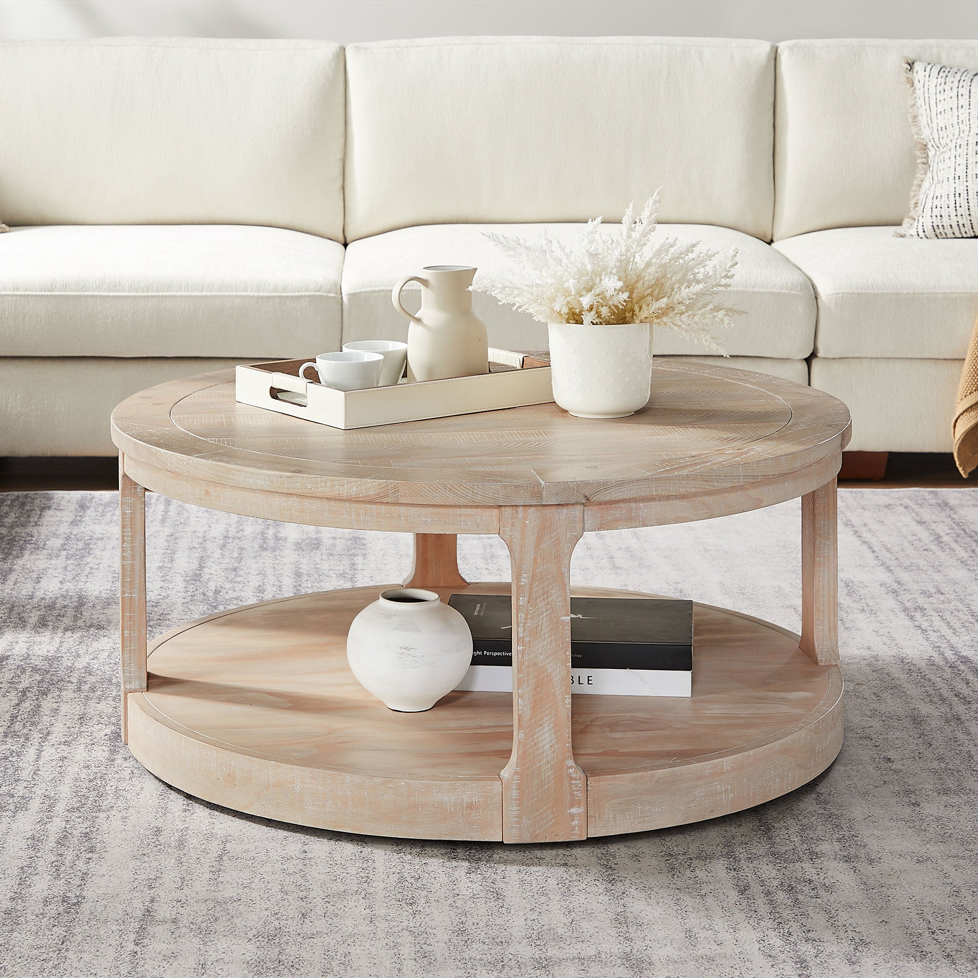 40 - inch 2 - Tier Traditional Round Wooden Coffee Table with Wheels