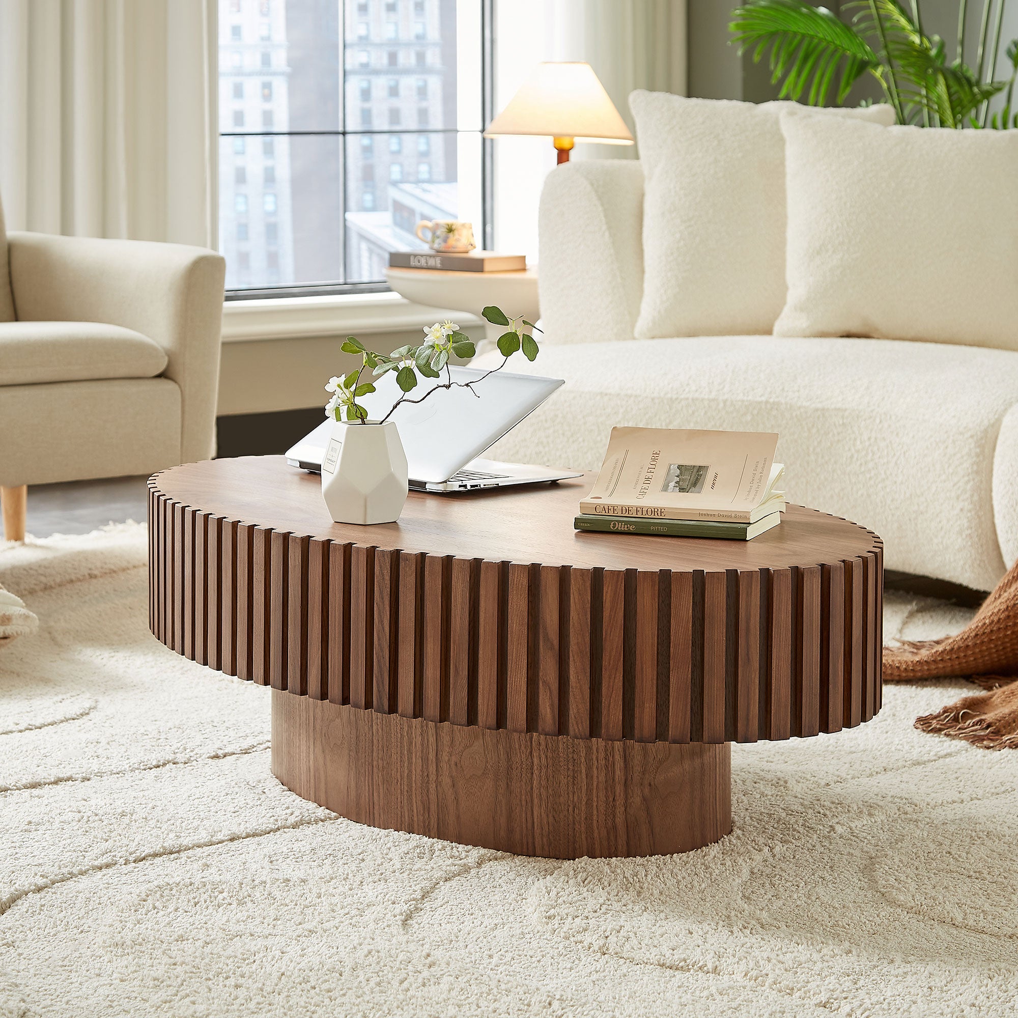 Modern Handcraft Drum Coffee Table | 43.7" Ellipse Coffee Table – Pedestal Base, Solid Wood Relief, Matt Black/Walnut/Natural Ash