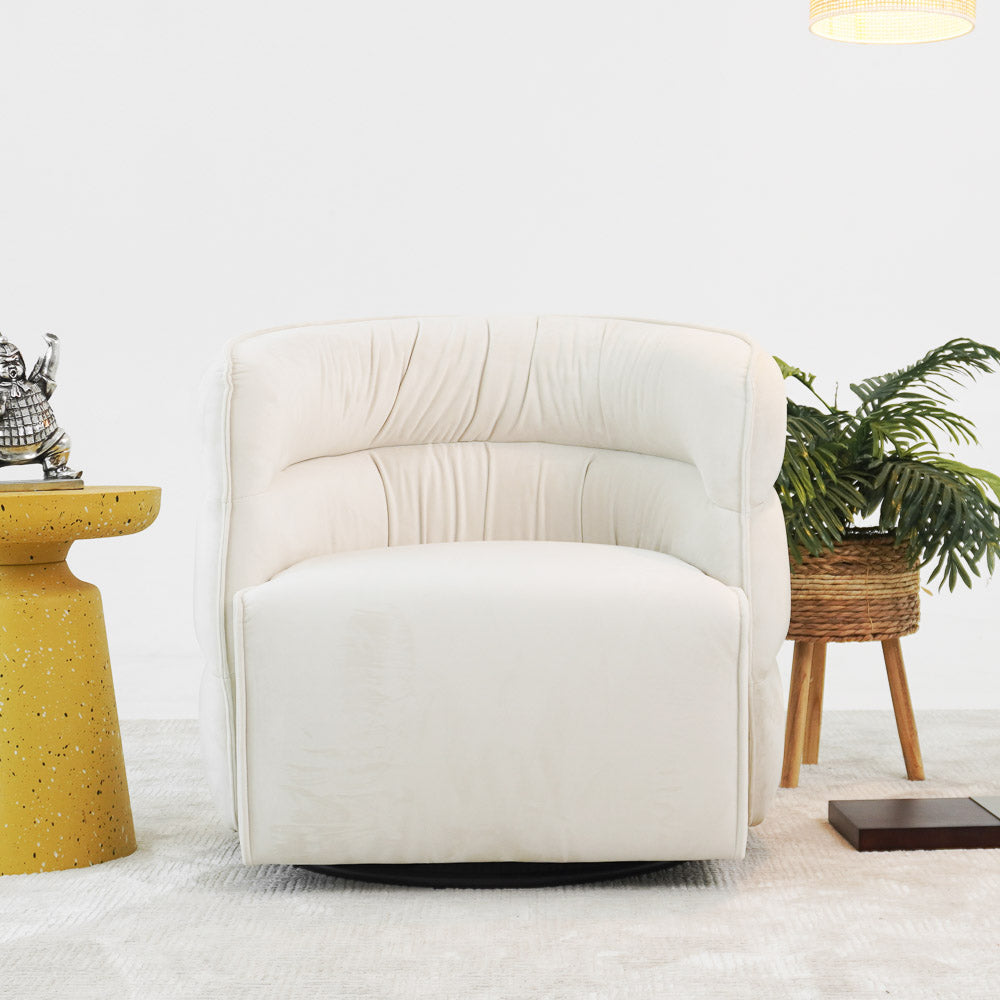 Walden Swivel Chair | Mid-Century Modern Velvet Accent Chair – Cream/Green/Burnt Orange, 360° Swivel, Fully Assembled