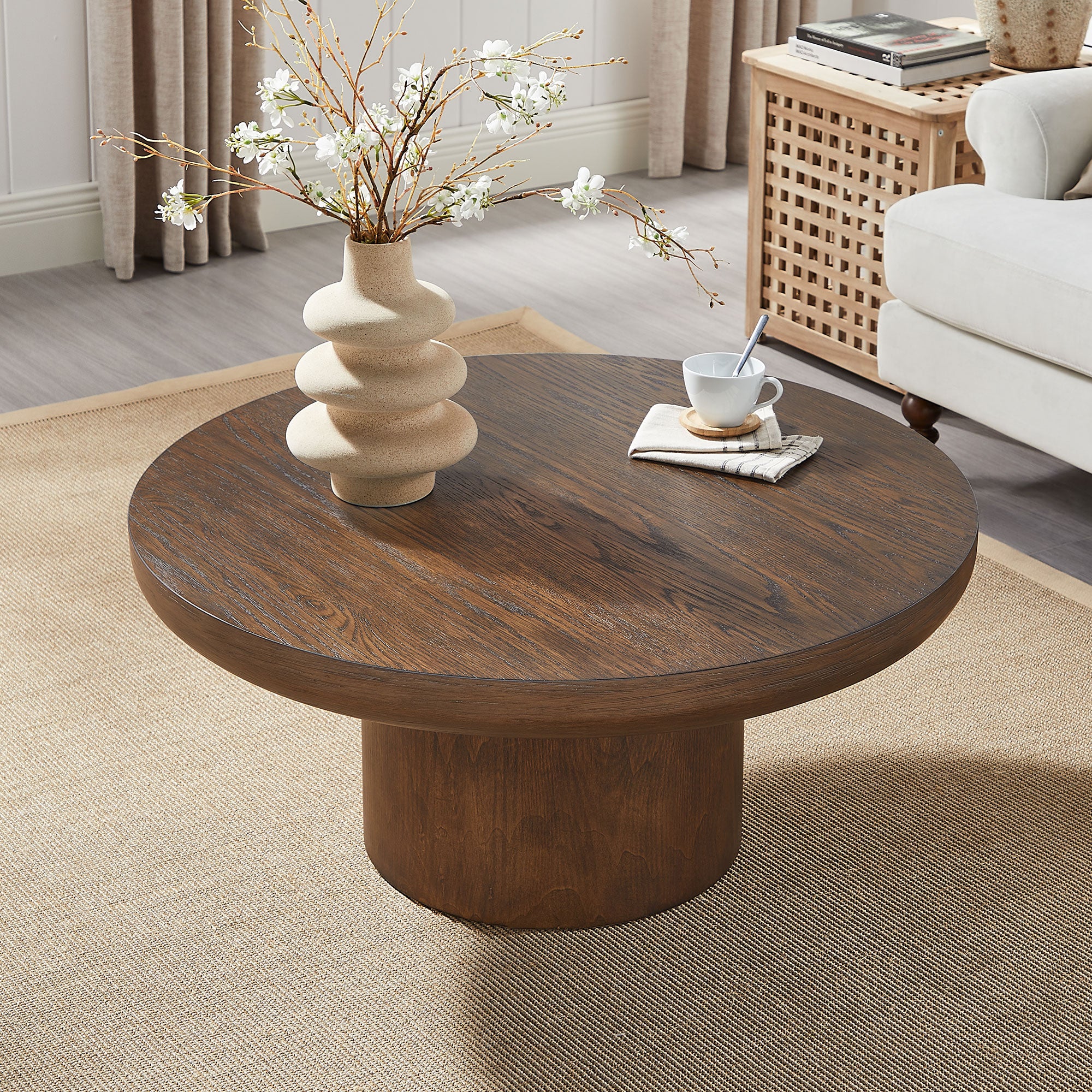 35.98 - inch Round Coffee Table: Cylindrical Leg, Wood Veneer for Living & Office