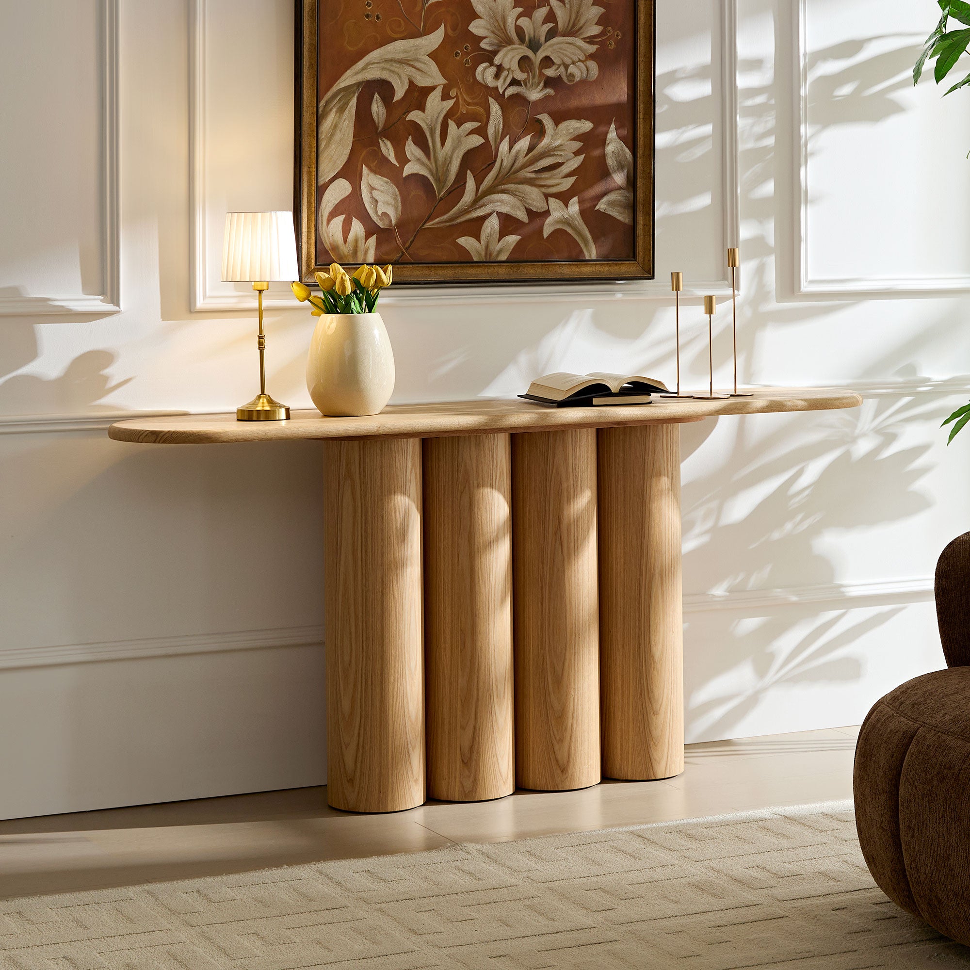 Modern Console Table for Entryway | Unique Cylinder Legs Design – 67" Wood Accent Table, Mid-Century Modern, Natural/Black