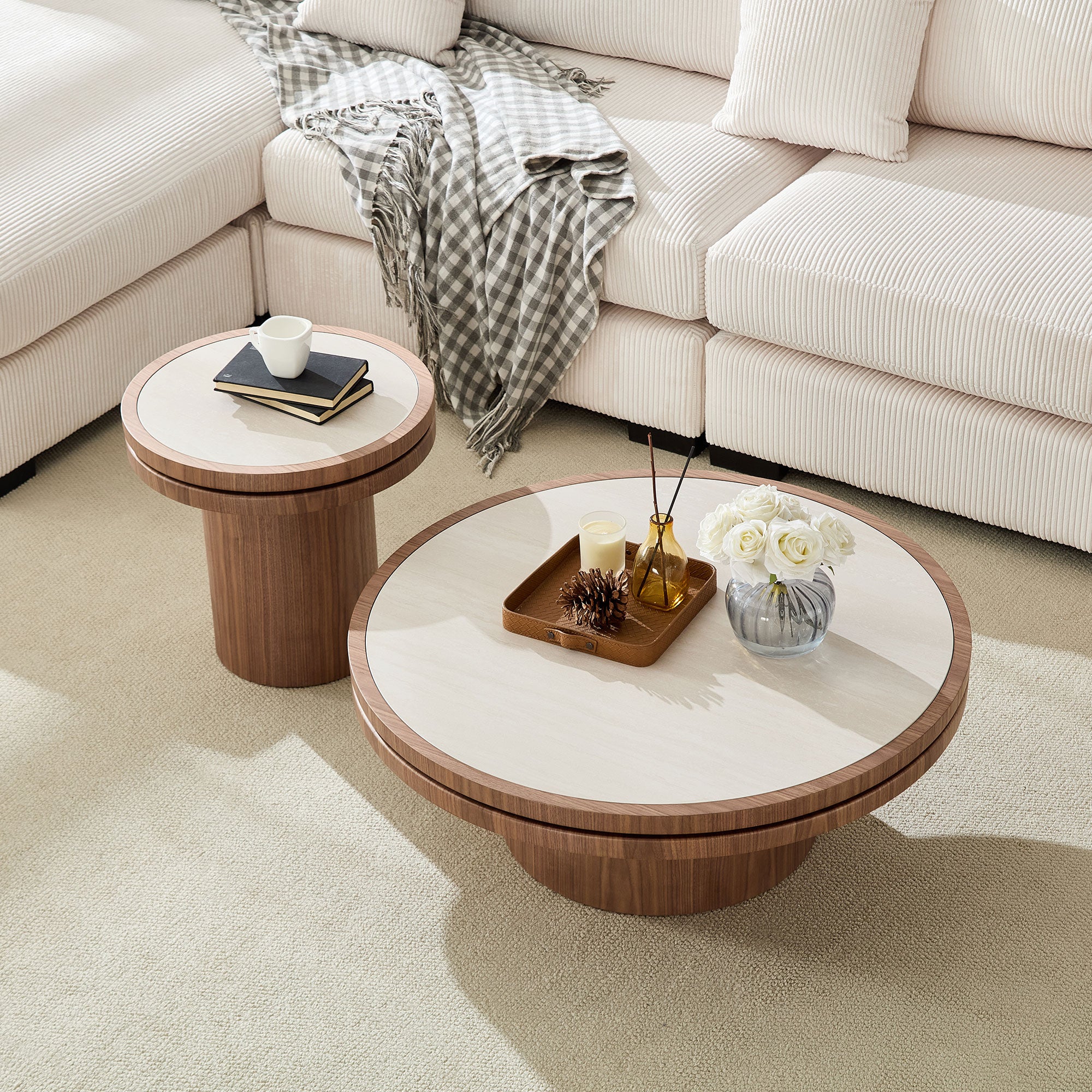 Sintered Stone Round Coffee Table Set of 2 | MDF Base – Natural/Walnut Finish – Modern Living Room Nesting Tables