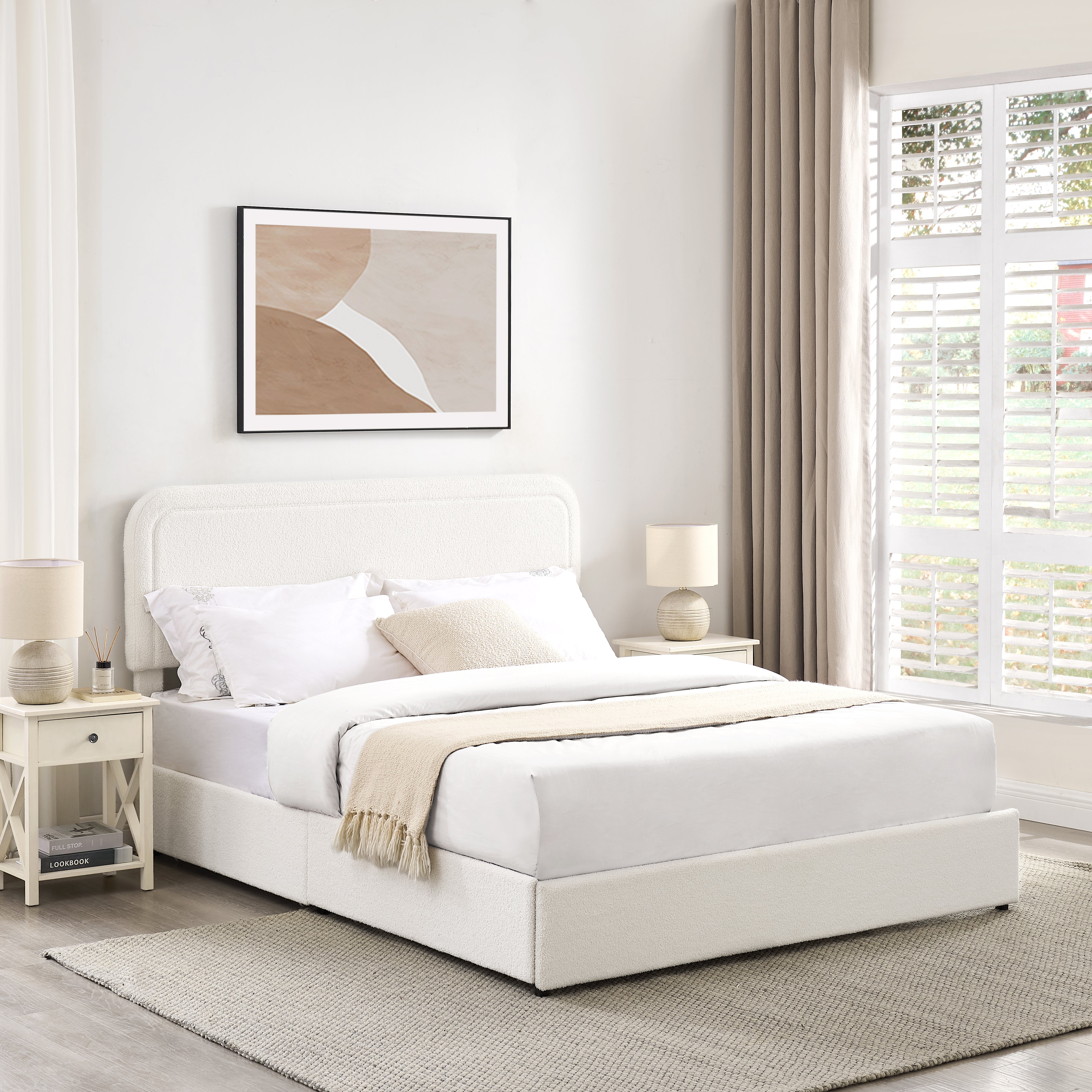Queen Size Ivory Boucle Upholstered Platform Bed