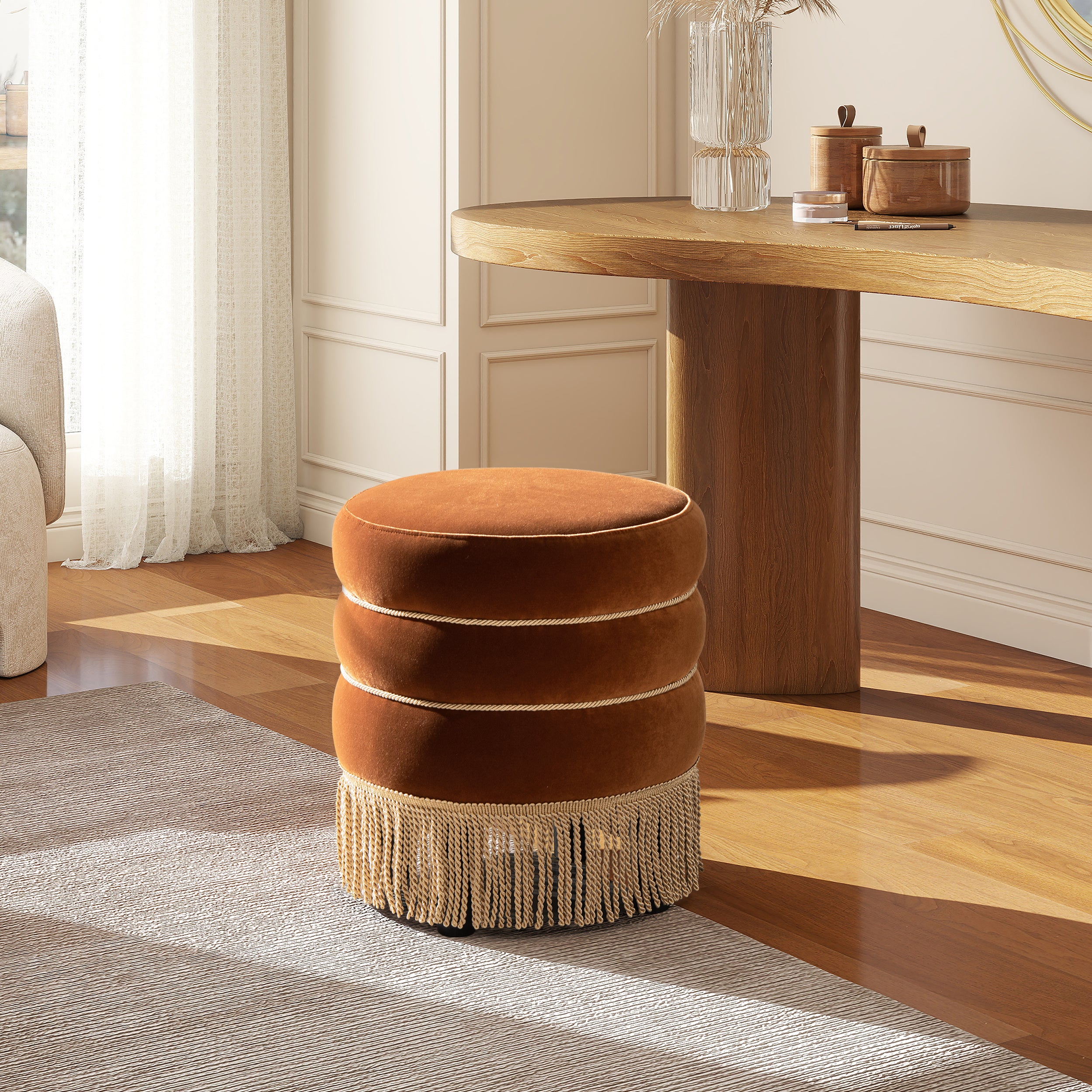 Round Upholstered Ottoman with Bullion Fringe Burnt