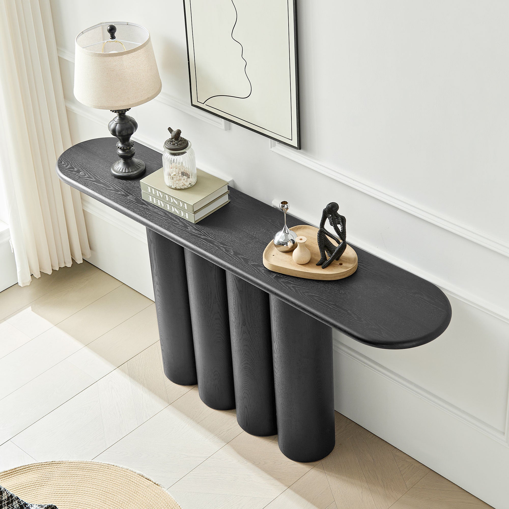 Modern Console Table for Entryway | Unique Cylinder Legs Design – 67" Wood Accent Table, Mid-Century Modern, Natural/Black