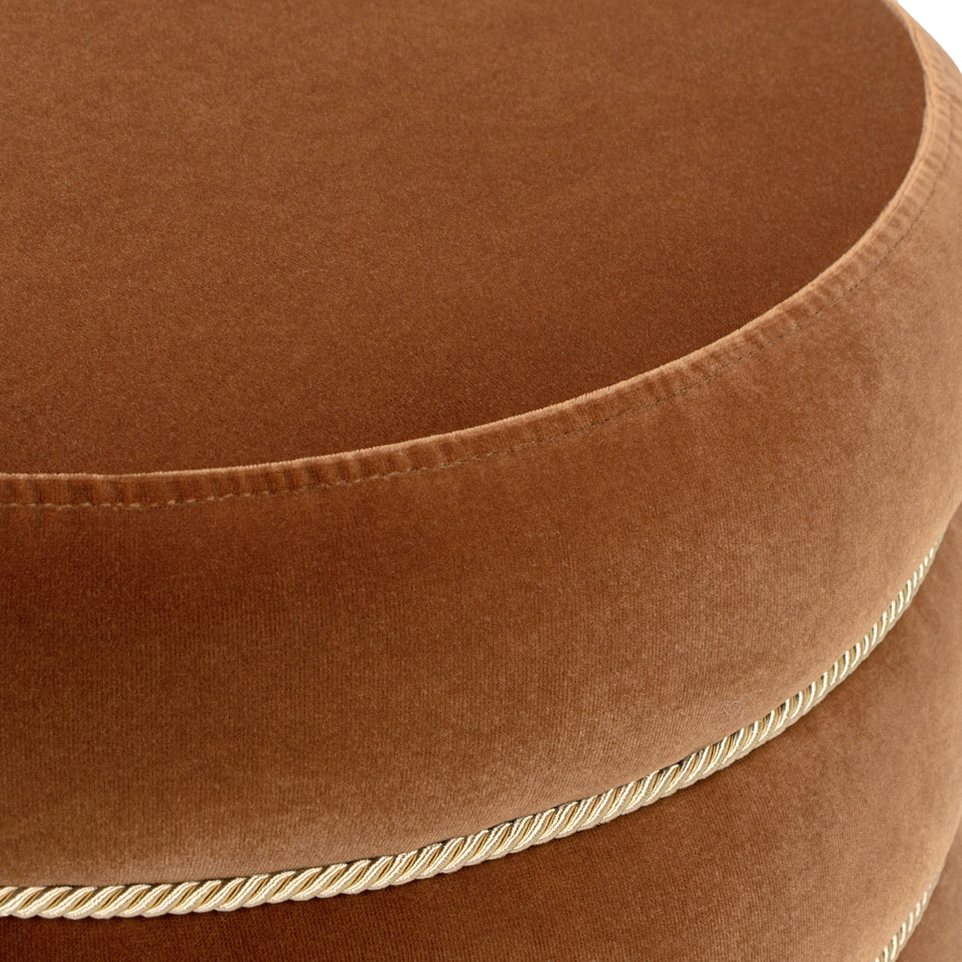 Round Upholstered Ottoman with Bullion Fringe Burnt