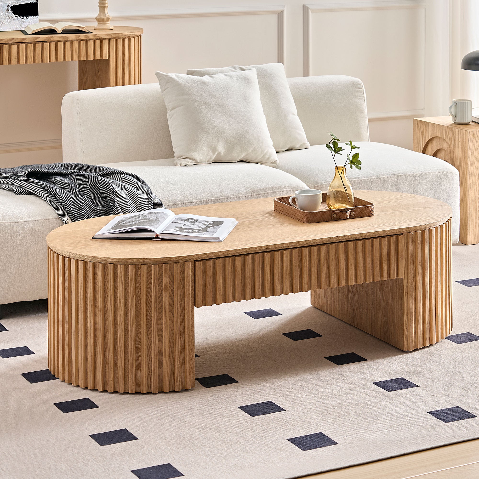 Oval Wood Coffee Table With Drawer Mid Century Modern Coffee Table Unique Coffee Table for Living Room Furniture, Tea Table