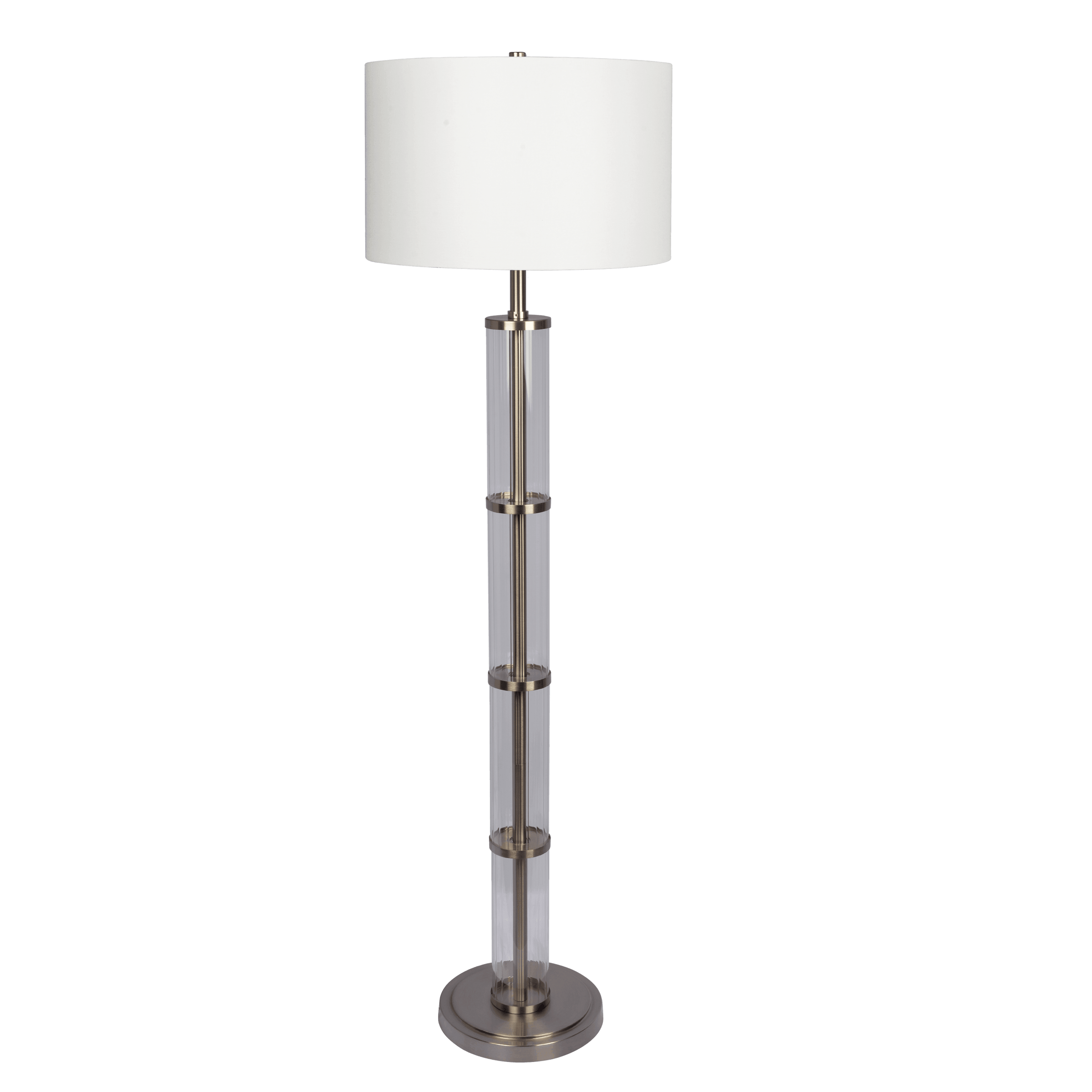 Brushed Nickel Floor Lamp | 63" Tall with 3-Way Rotary Switch, Clear Glass Body, Metal Base – White Drum Shade for Living Room