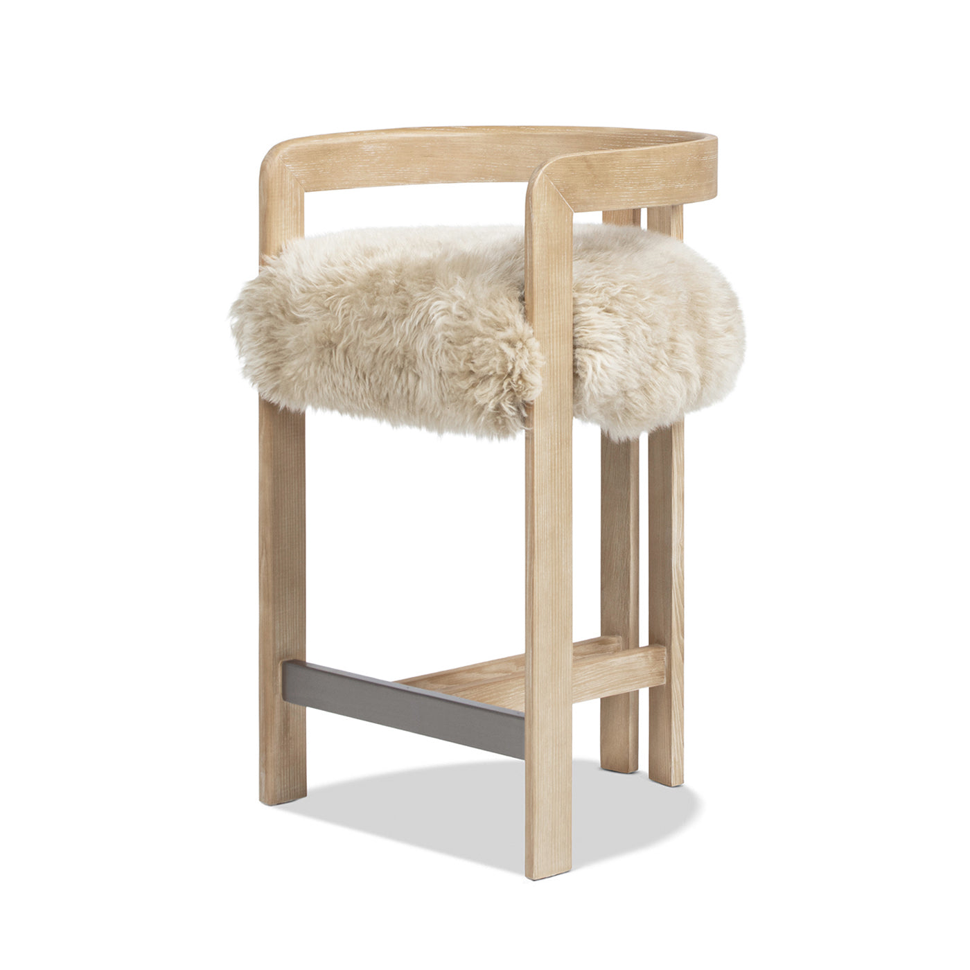 Low Back Genuine Fur Counter Stool | Solid Ash Wood Frame, New Zealand Sheepskin – 26.5" Seat Height, Rustic Blonde Finish
